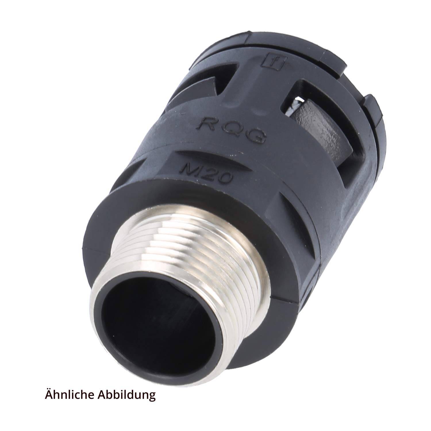 Eine schwarze und metallische zylindrische mechanische Verbindung mit der Bezeichnung „RQG M20