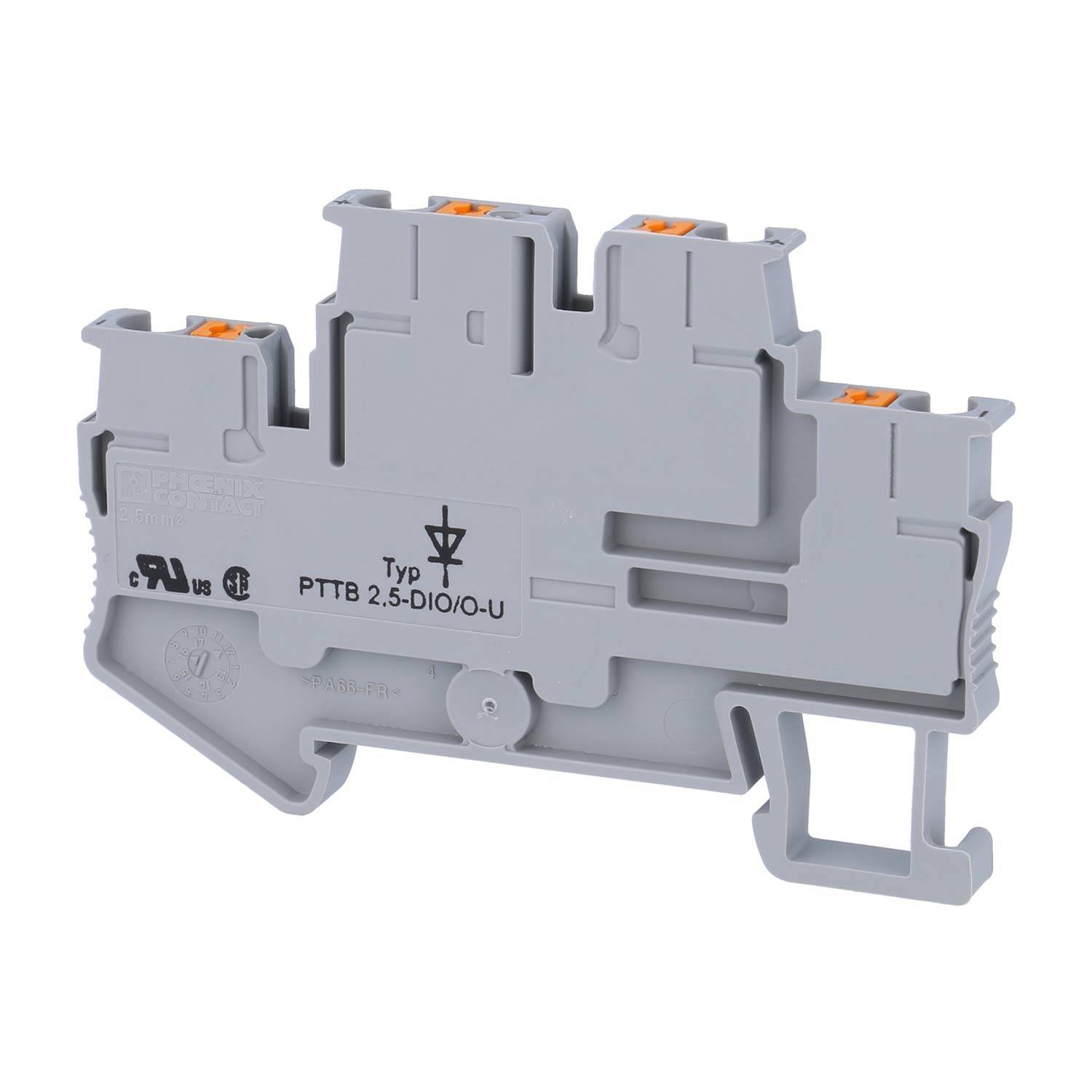 Ein grauer zweistufiger Klemmblock mit orangefarbenen Anschlüssen, gekennzeichnet mit 'Typ PTTB 2.5-DIO/O-U', wird für elektrische Verbindungen verwendet.