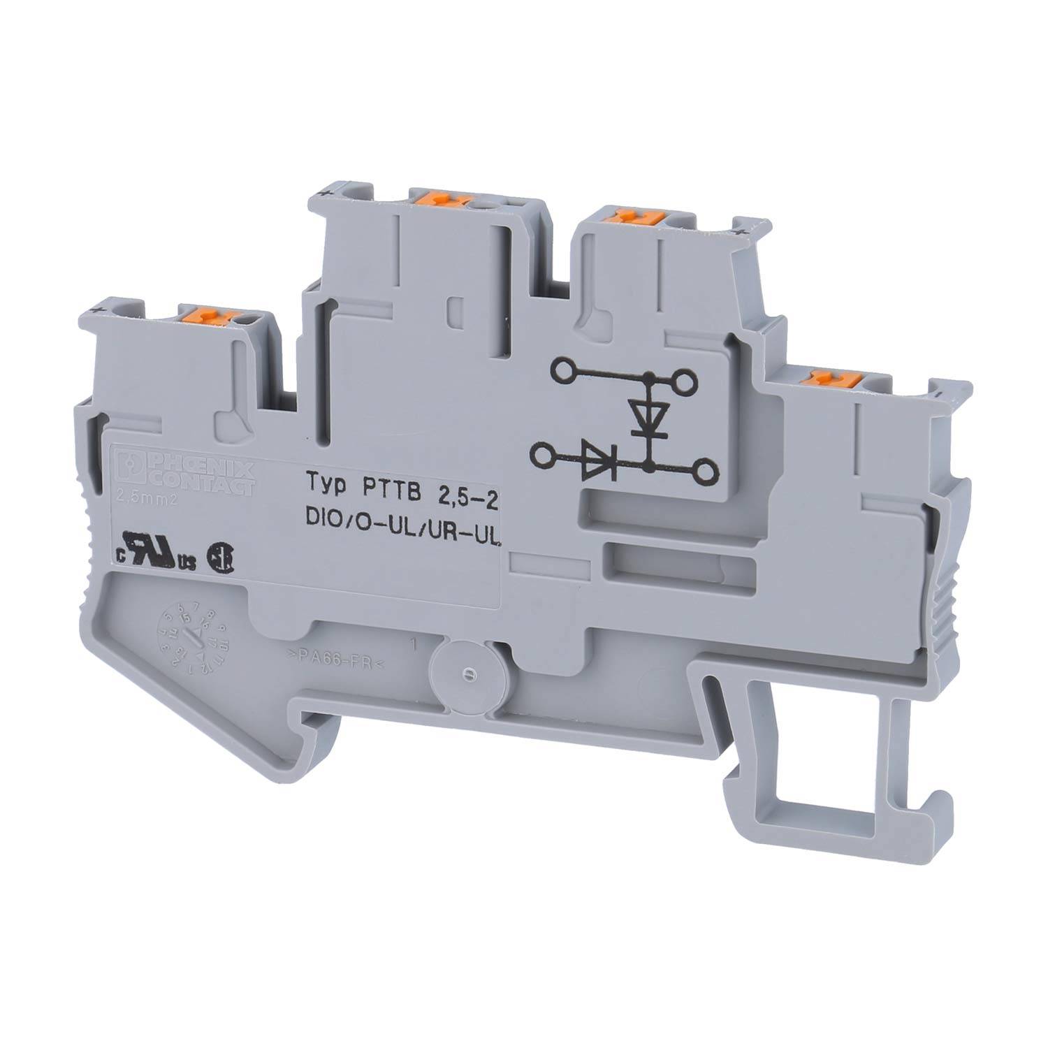 Graues Elektrorelaismodul mit orangefarbenen Anschlüssen, gekennzeichnet mit „Typ PTTB 2.5-2
