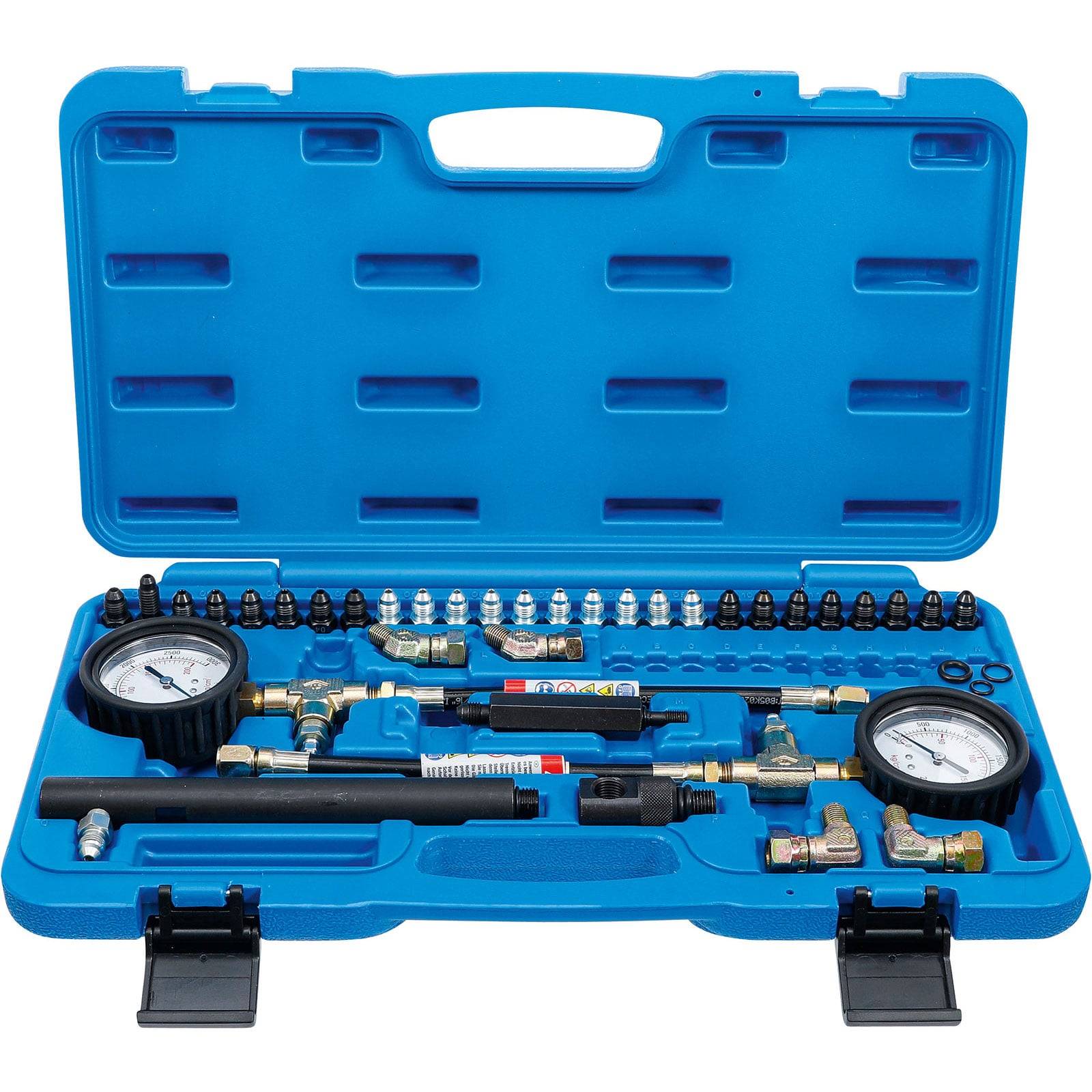 Blauer Kunststoffkoffer mit einem professionellen Motor-Kompressionstester-Set, einschließlich Manometern, Schläuchen und verschiedenen Anschlüssen.