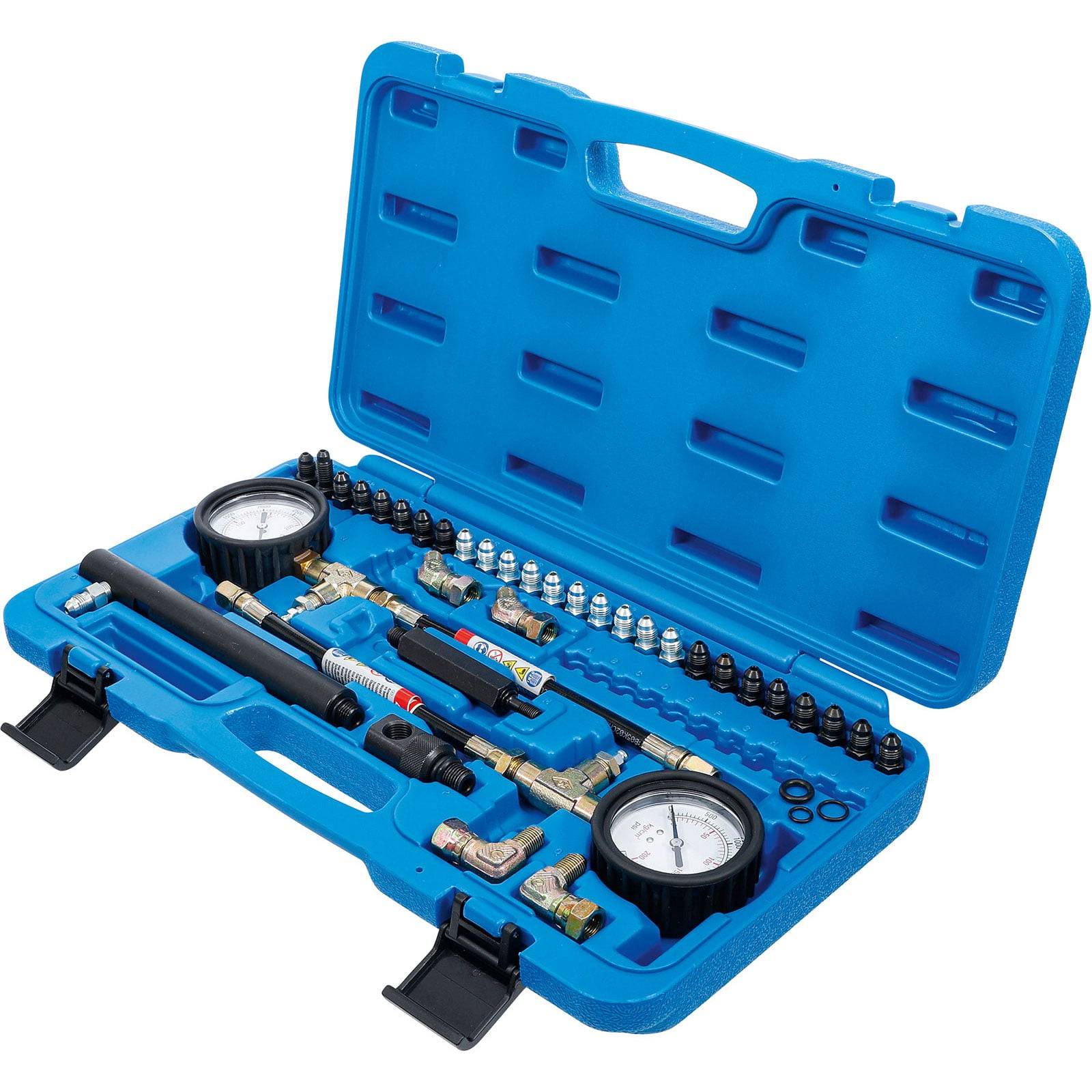 Ein blauer Kunststoffkoffer, der einen Kraftstoffeinspritz-Serviceset mit Messgeräten, Schläuchen und Anschlüssen enthält, die übersichtlich für den automobilen Einsatz angeordnet sind.