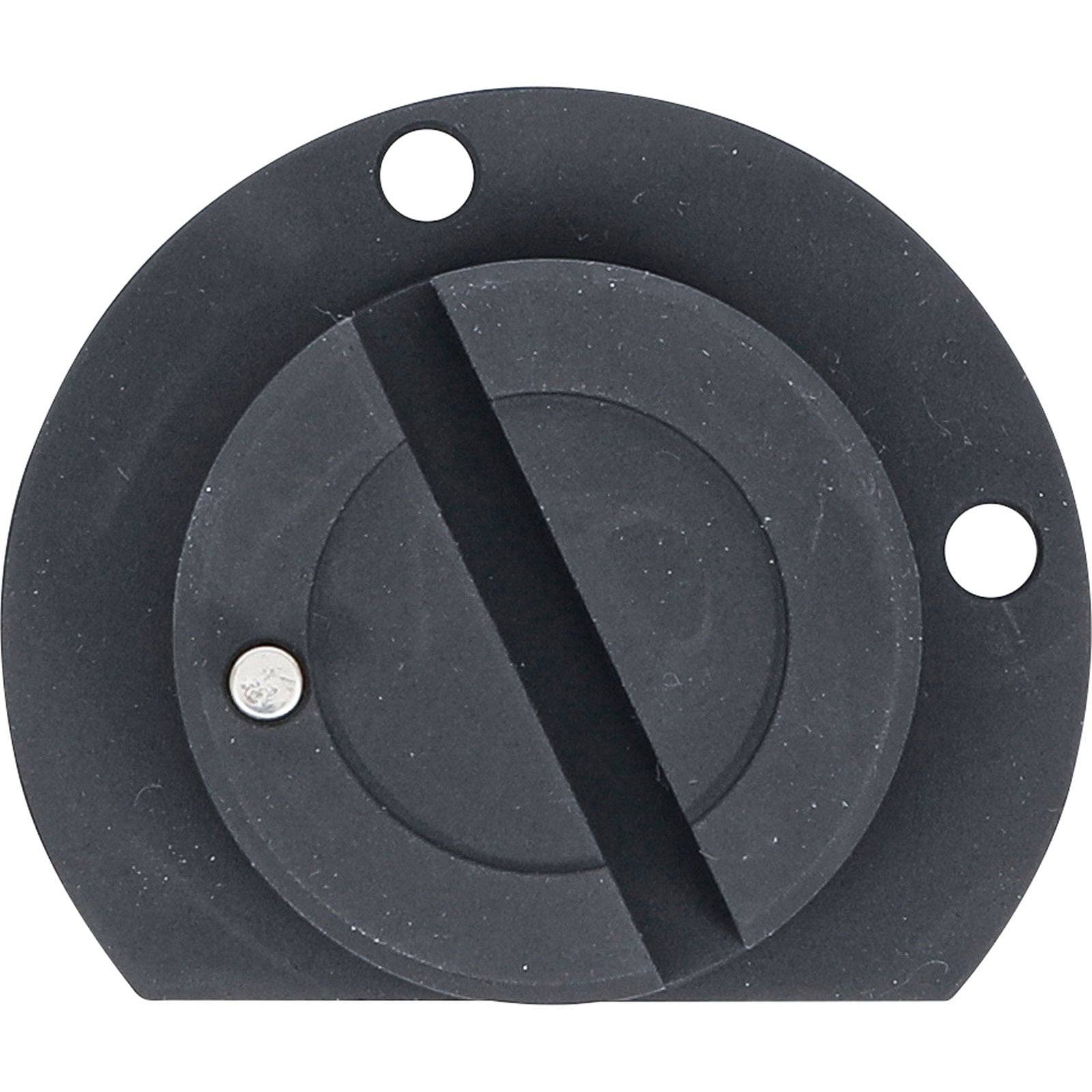 Schwarze Kunststoff-Rundverriegelung mit Mehrpunkteinrastung, die ein kreisförmiges Design mit zwei Schraublöchern oben und einem Schraubloch unten aufweist.
