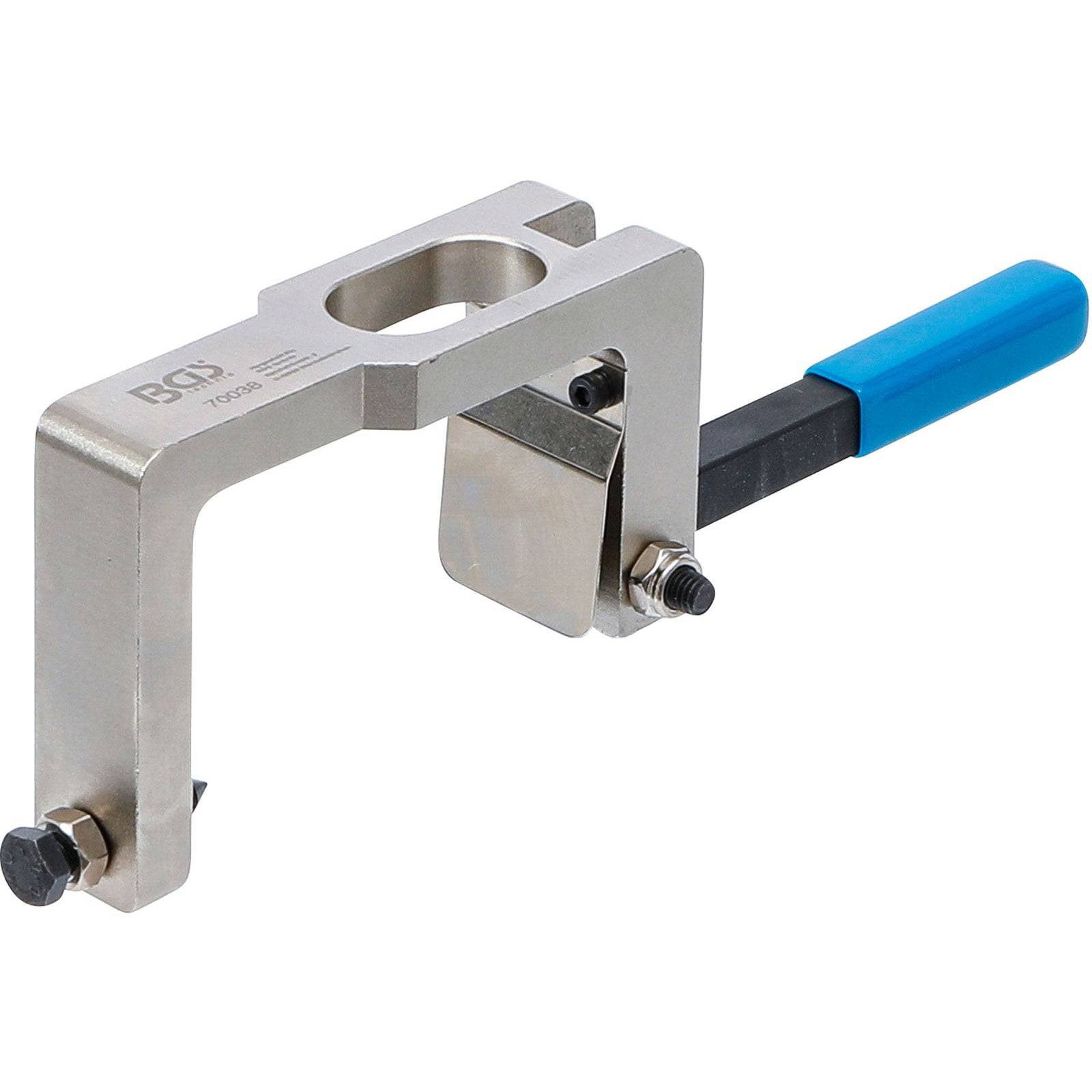 Einstellwerkzeug für Ventile mit Metallrahmen und blauem Griff, ausgestattet mit einem präzisen Mechanismus zur Einstellung und Ausrichtung von Motorventilen.