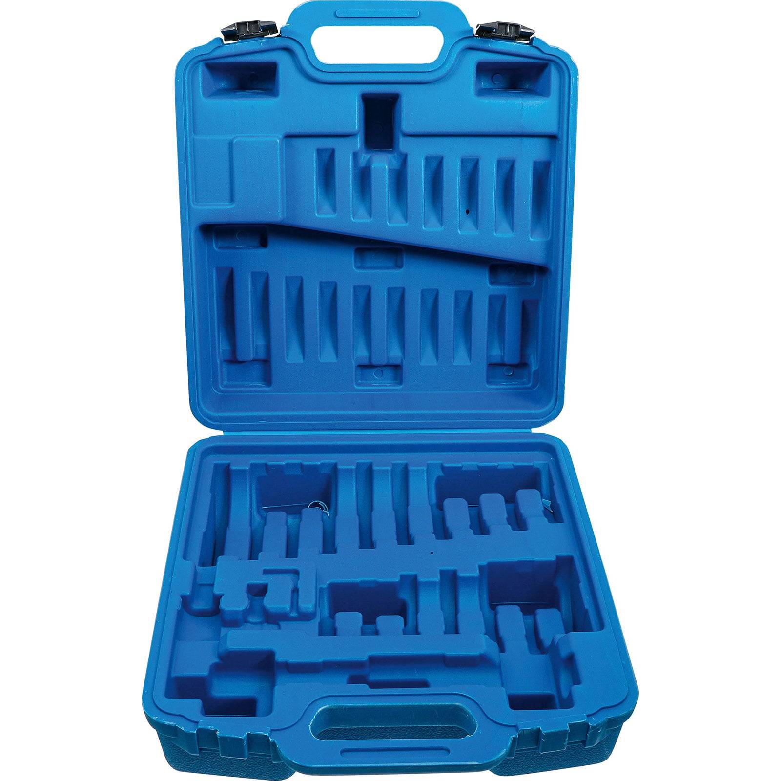 Eine leere blaue Kunststoff-Werkzeugbox mit verschiedenen Fächern zur Organisation unterschiedlicher Werkzeuge, geöffnet und vor einem weißen Hintergrund präsentiert.