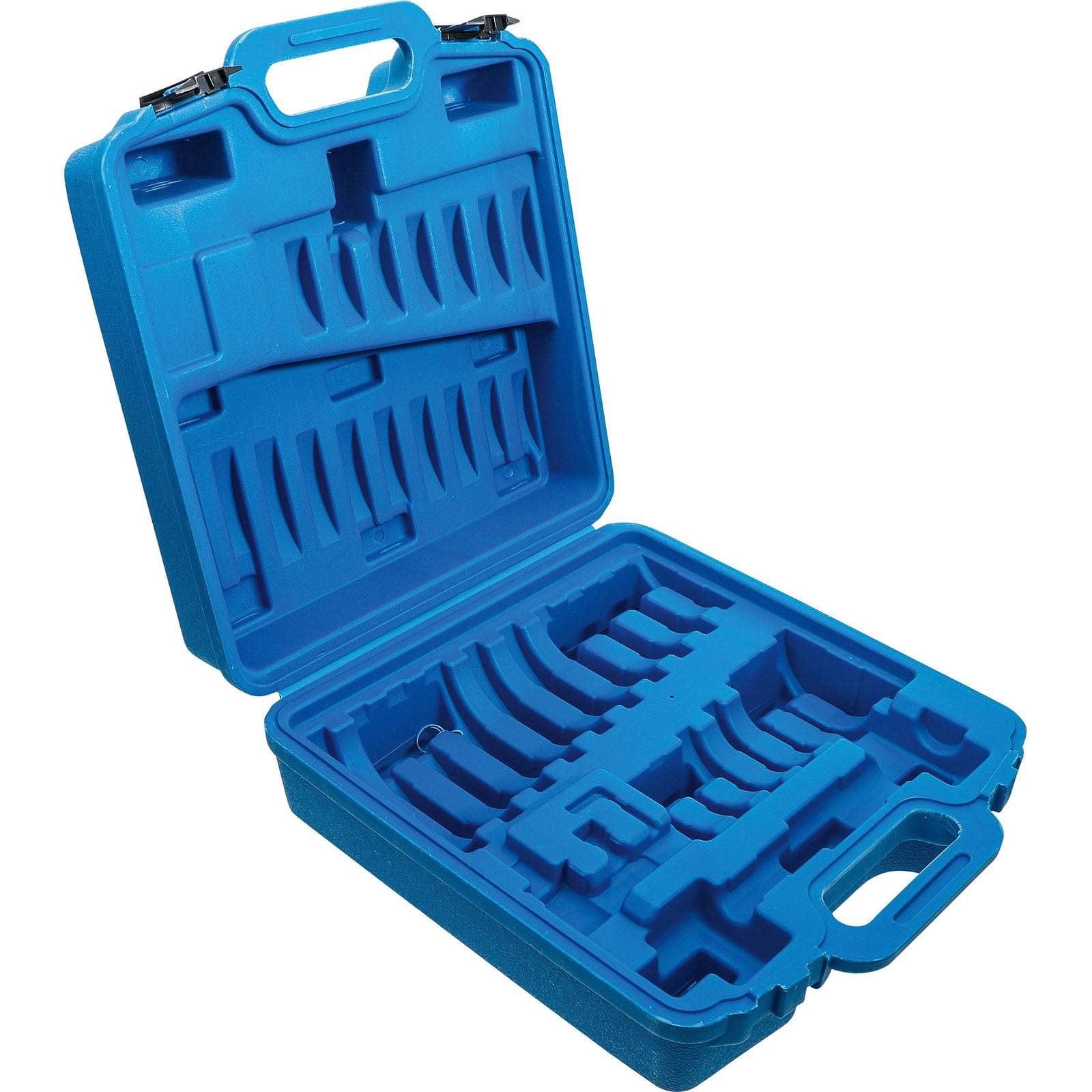 Eine blaue Plastik-Transportbox mit geformtem Innenraum, der Abschnitte zur Organisation und Aufbewahrung von Werkzeugen aufweist, die geöffnet und ohne Werkzeuge im Inneren gezeigt wird.