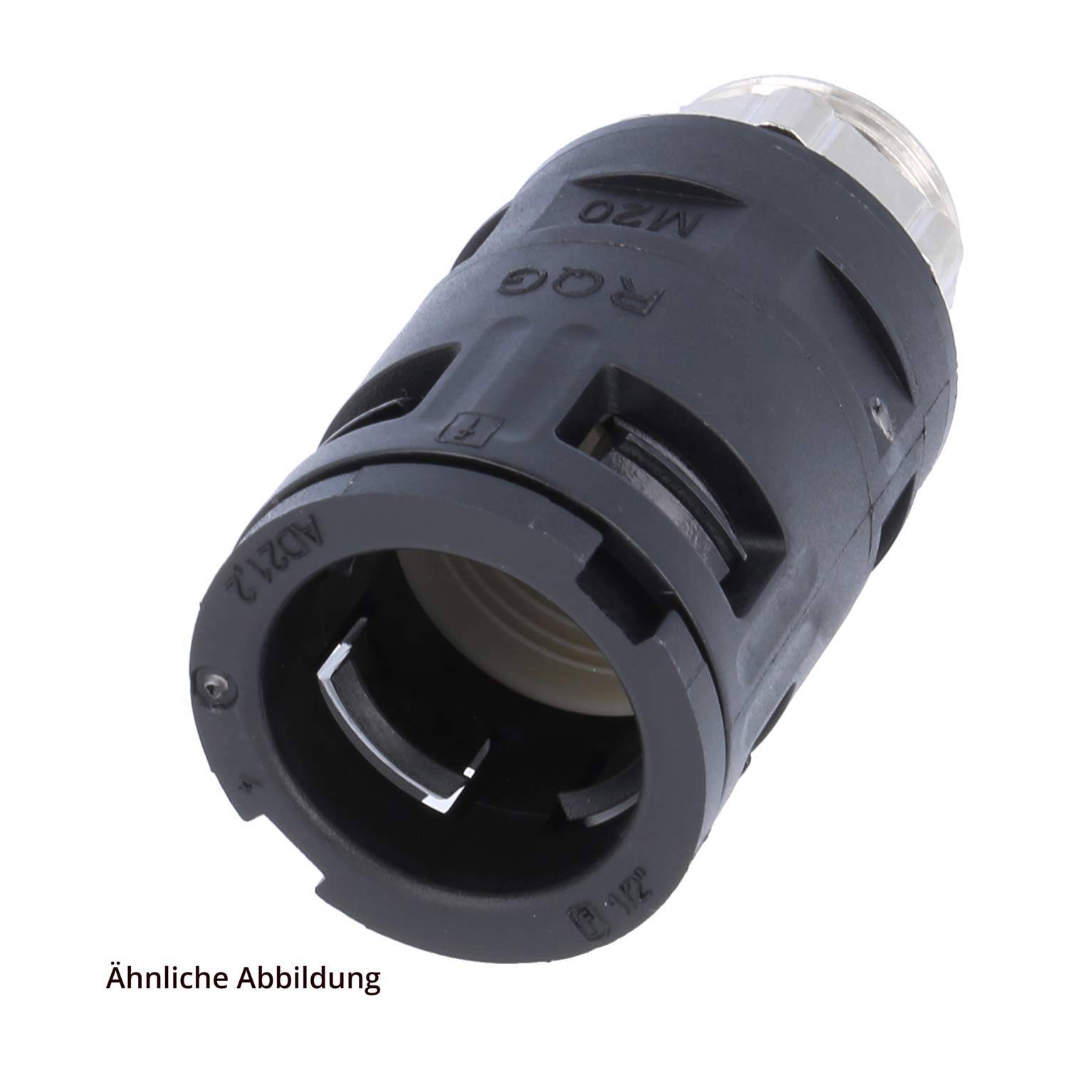 Eine schwarze M20-Kabelverschraubung mit gewindeltem Metallstecker und Gummidichtung. Der deutsche Text „Ähnliche Abbildung