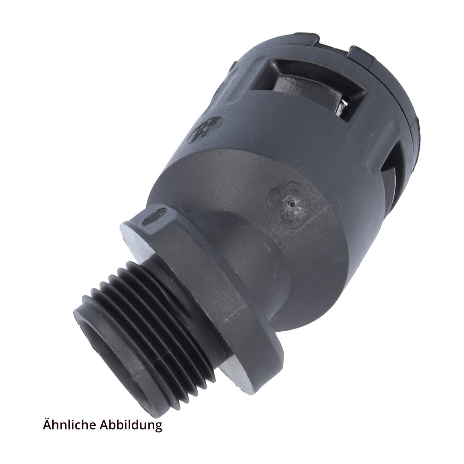 Ein schwarzes, zylindrisches mechanisches Teil mit Nuten und Anschlüssen, möglicherweise ein Stecker oder Adapter, vor weißem Hintergrund dargestellt.