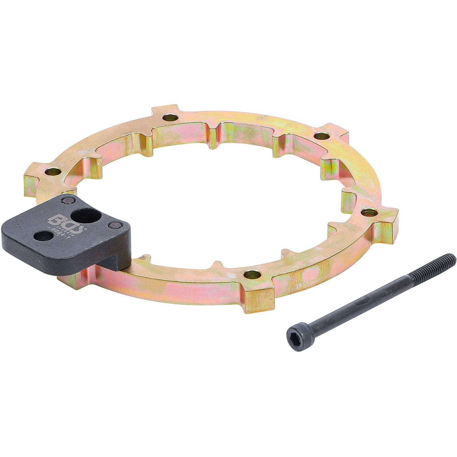 Werkzeug zum Schwungradverriegeln (LS Flywheel Lock) mit einem kreisförmigen Metallbügel, einem schwarzen Sperrblock und einer langen Schraube, verwendet für den Motoraufbau.