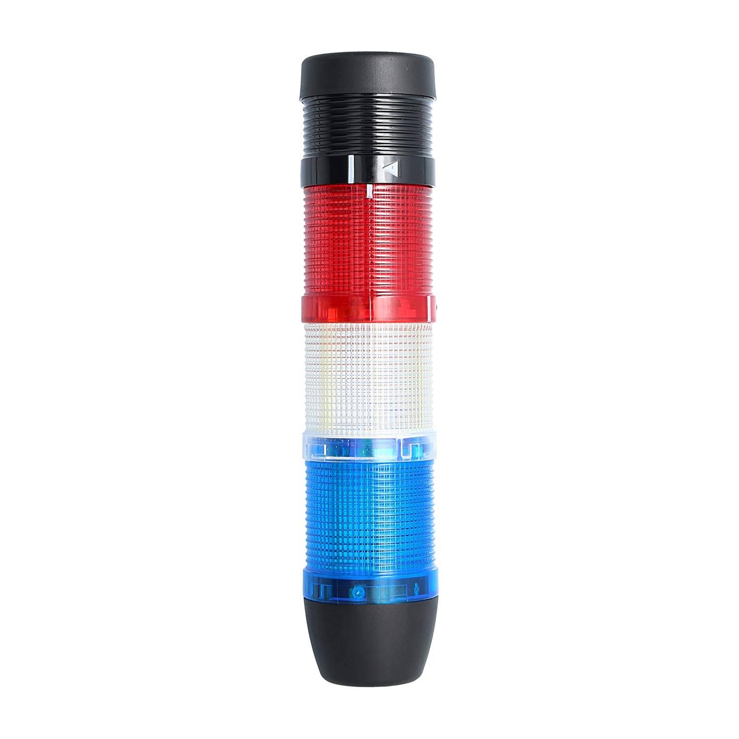 Eine zylindrische LED-Signalturm-Leuchte mit roten, weißen und blauen Abschnitten, die typischerweise zur industriellen Statusanzeige verwendet wird.