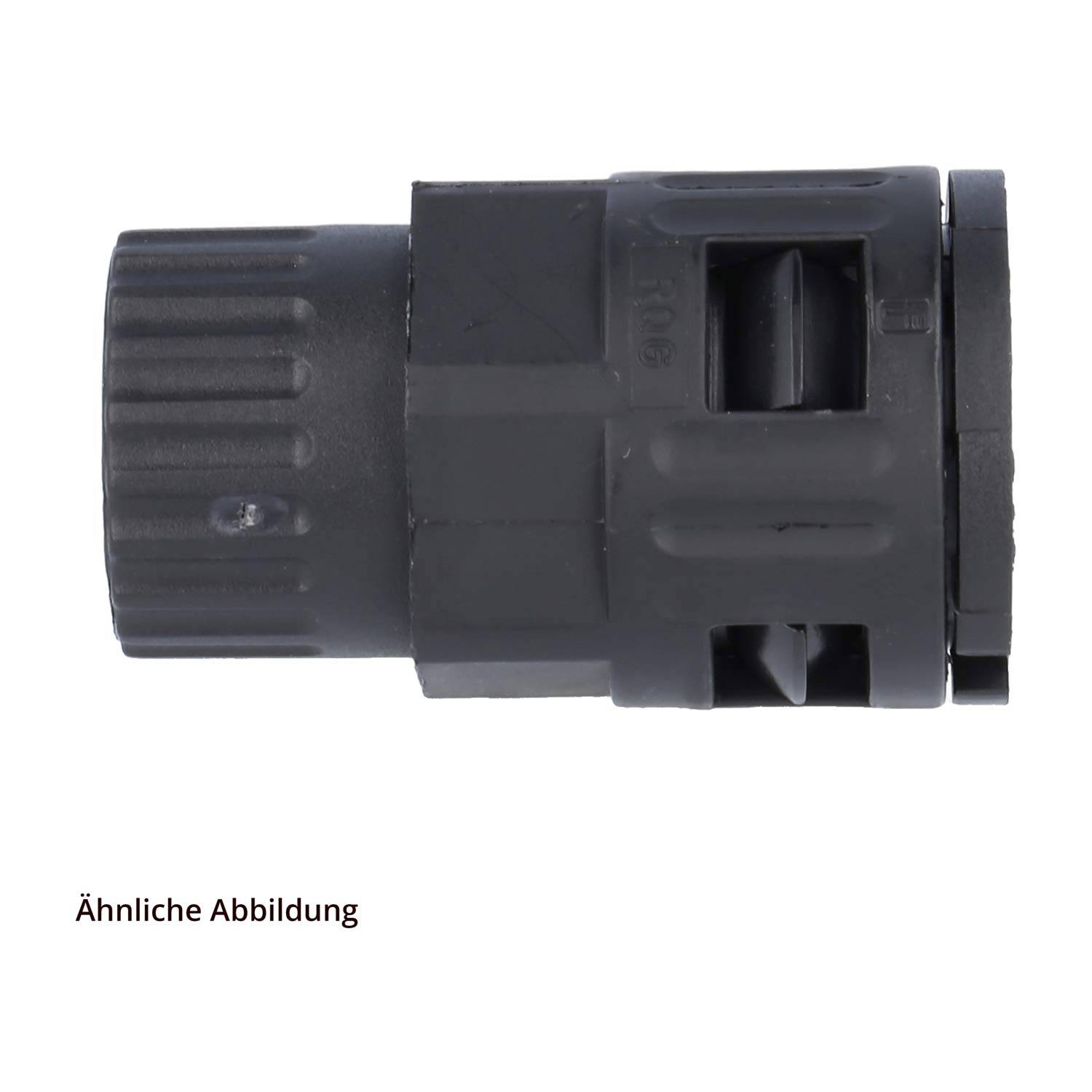 Ein schwarzer zylindrischer Stecker mit gerillten Abschnitten und einem Verriegelungsmechanismus, der für sichere elektrische oder mechanische Verbindungen verwendet wird.