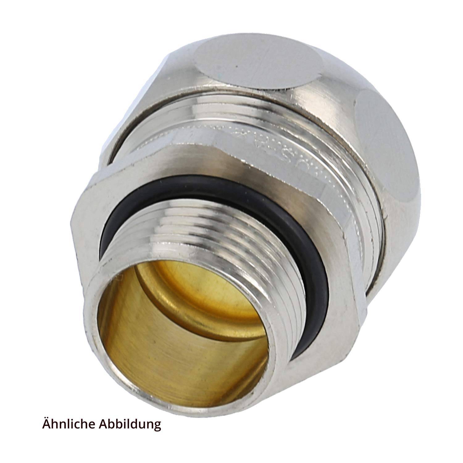 Eine Kabelverschraubung aus Metall mit Außengewinde und Gummidichtung, die zum Sichern von Kabeln bei gleichzeitiger Aufrechterhaltung der elektrischen Isolierung verwendet wird.