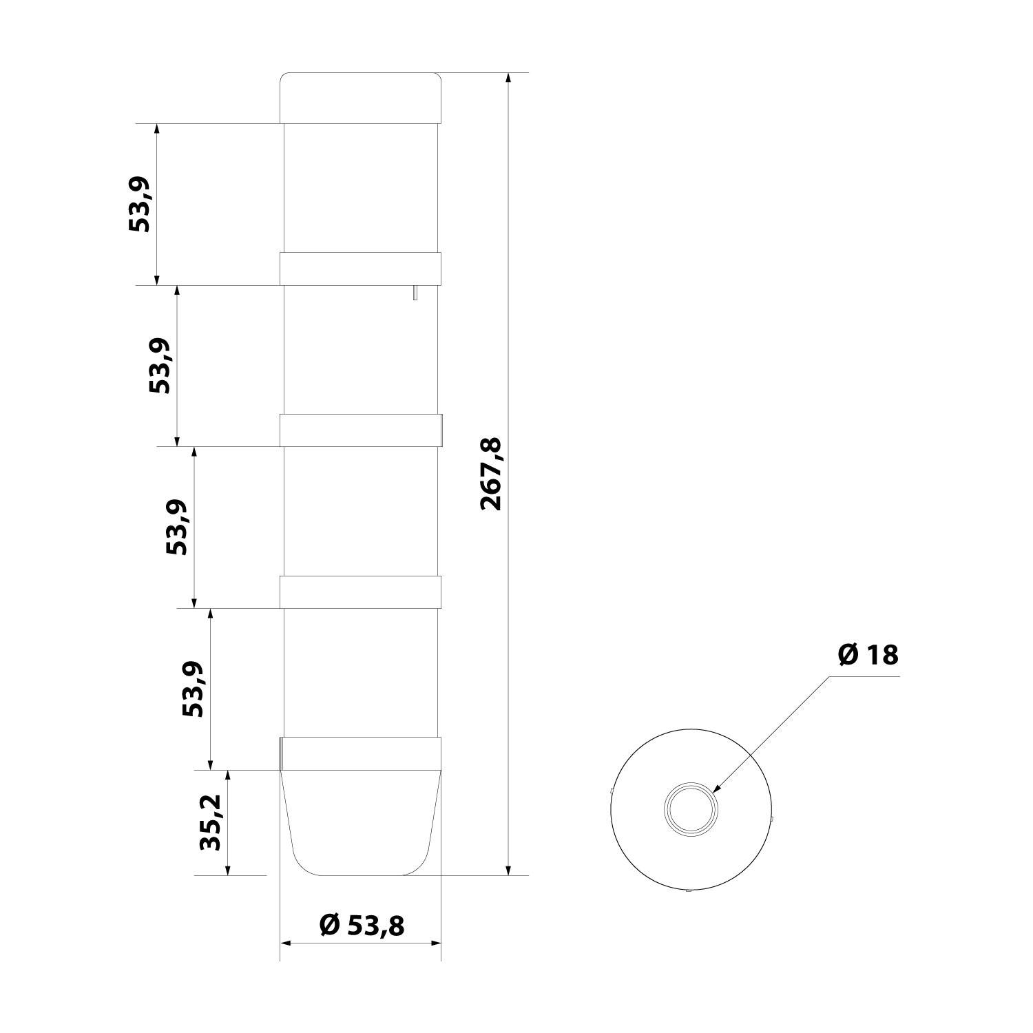 Eine technische Zeichnung, die einen zylindrischen Gegenstand mit einer Höhe von 267,8 mm und einem Durchmesser von Ø 53,8 zeigt, mit beschrifteten Abschnitten und Maßangaben.