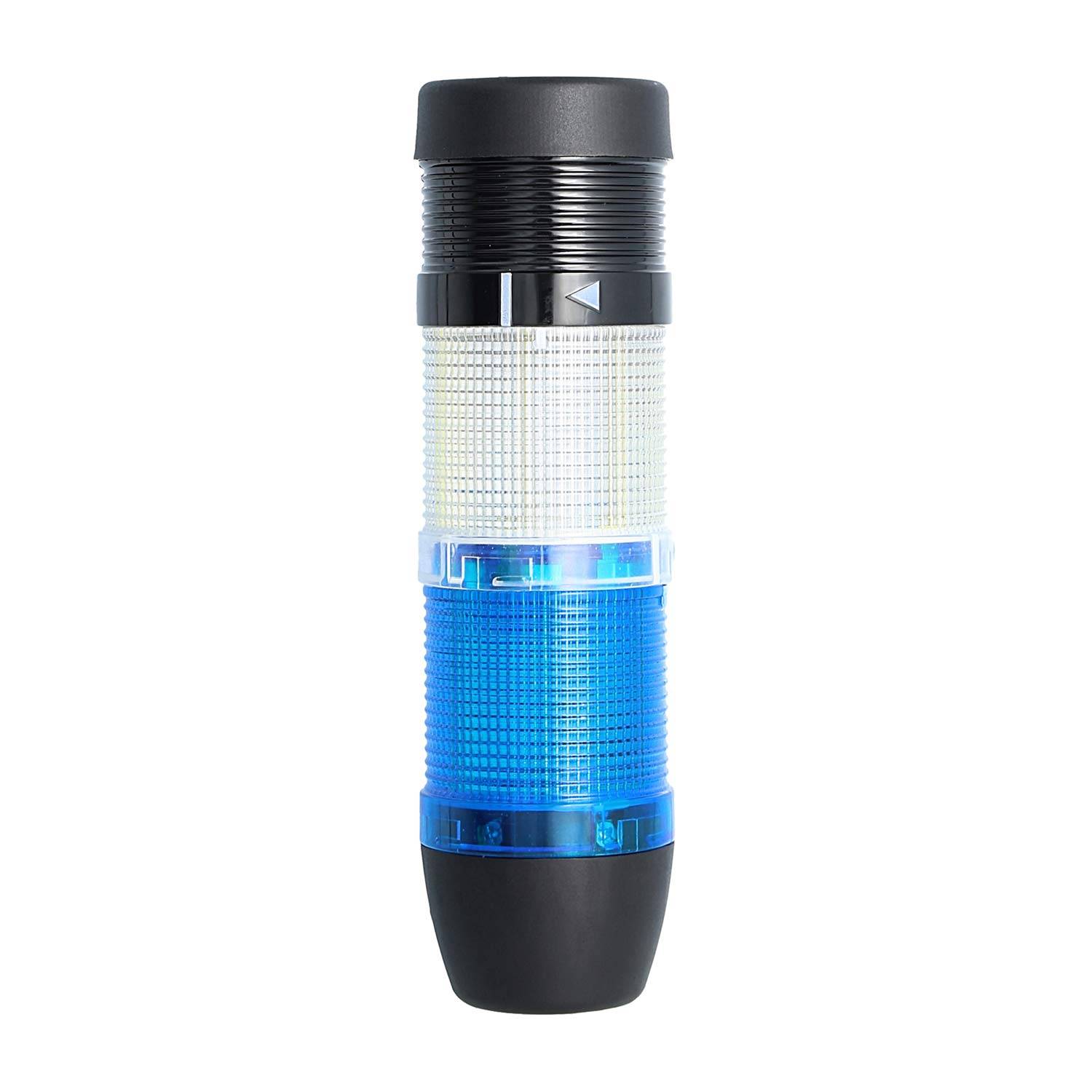 Eine zylindrische, tragbare LED-Leuchte mit schwarzem Oberteil und Sockel, mit einem transluzenten weißen Mittelteil und einem blauen unteren Abschnitt.