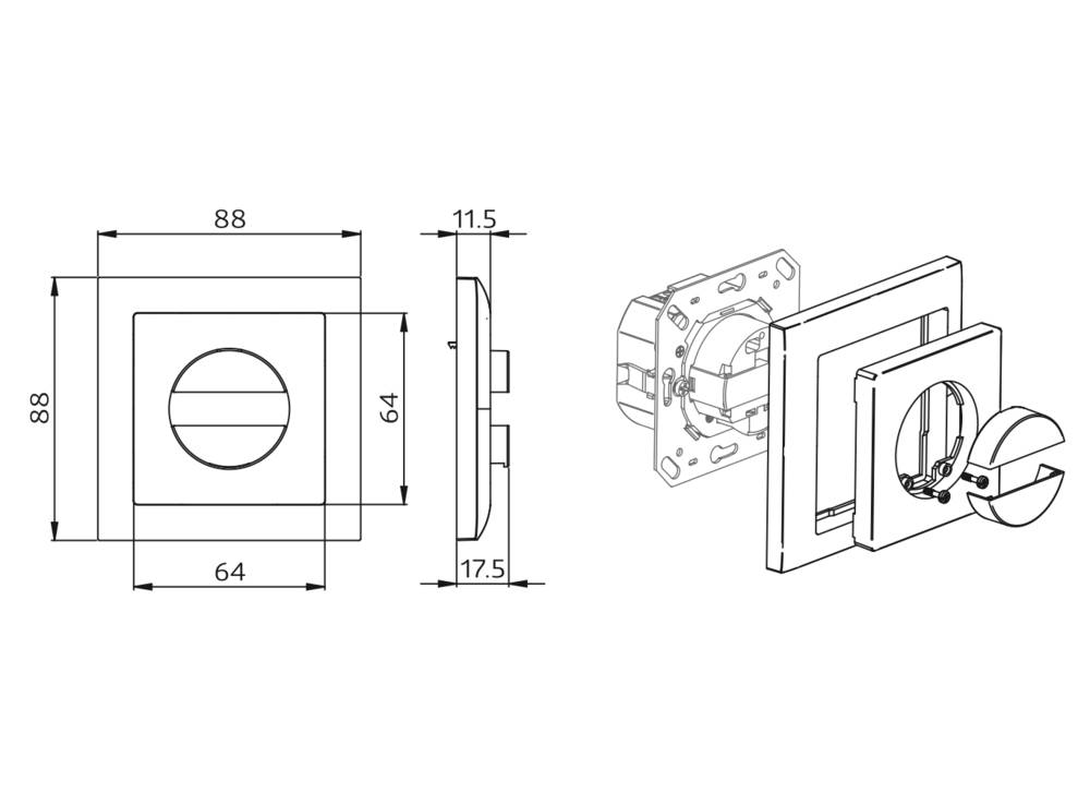 Technische Zeichnung einer wandmontierten Box mit einer kreisrunden Öffnung und beschrifteten Abmessungen: 64x64mm, Tiefe 17,5mm und 11,5mm.