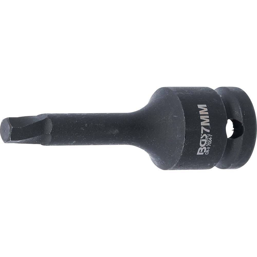 Schwarzer BGS 7-mm-Steckdosenadapter mit Vierkantantrieb und Sechskant-Bitspitze auf weißem Hintergrund.