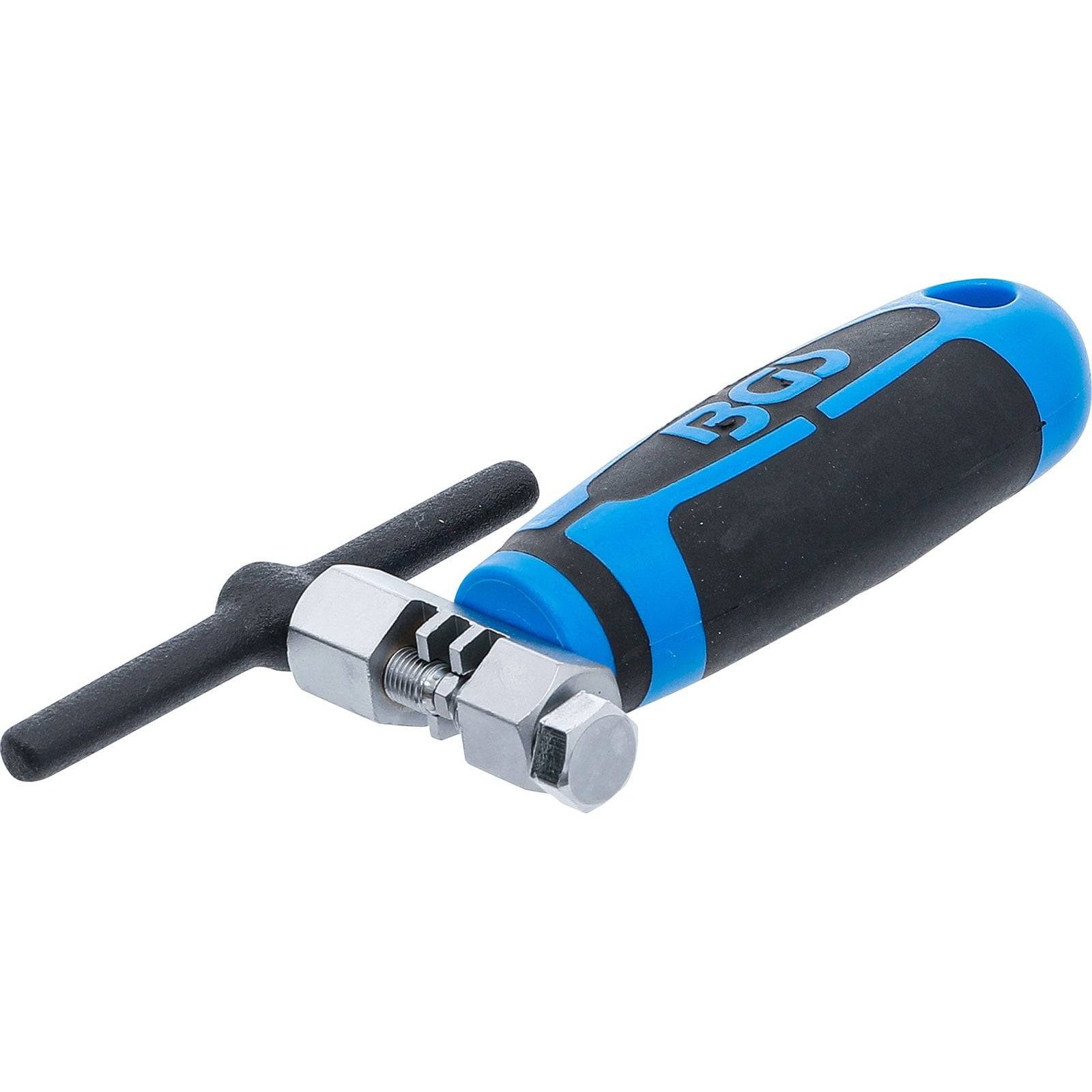 Ein blau-schwarzer Kettennieter mit einem Griff, entwickelt zum Reparieren von Fahrradketten. Er verfügt über einen drehbaren Griff und einen Stiftmechanismus.