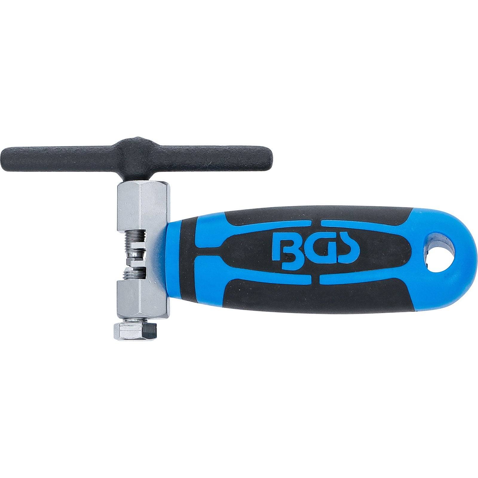 Ein blaues und schwarzes Kettenreparaturwerkzeug mit T-Griff und den Buchstaben BGS am Griff, verwendet zur Justierung von Fahrradketten.
