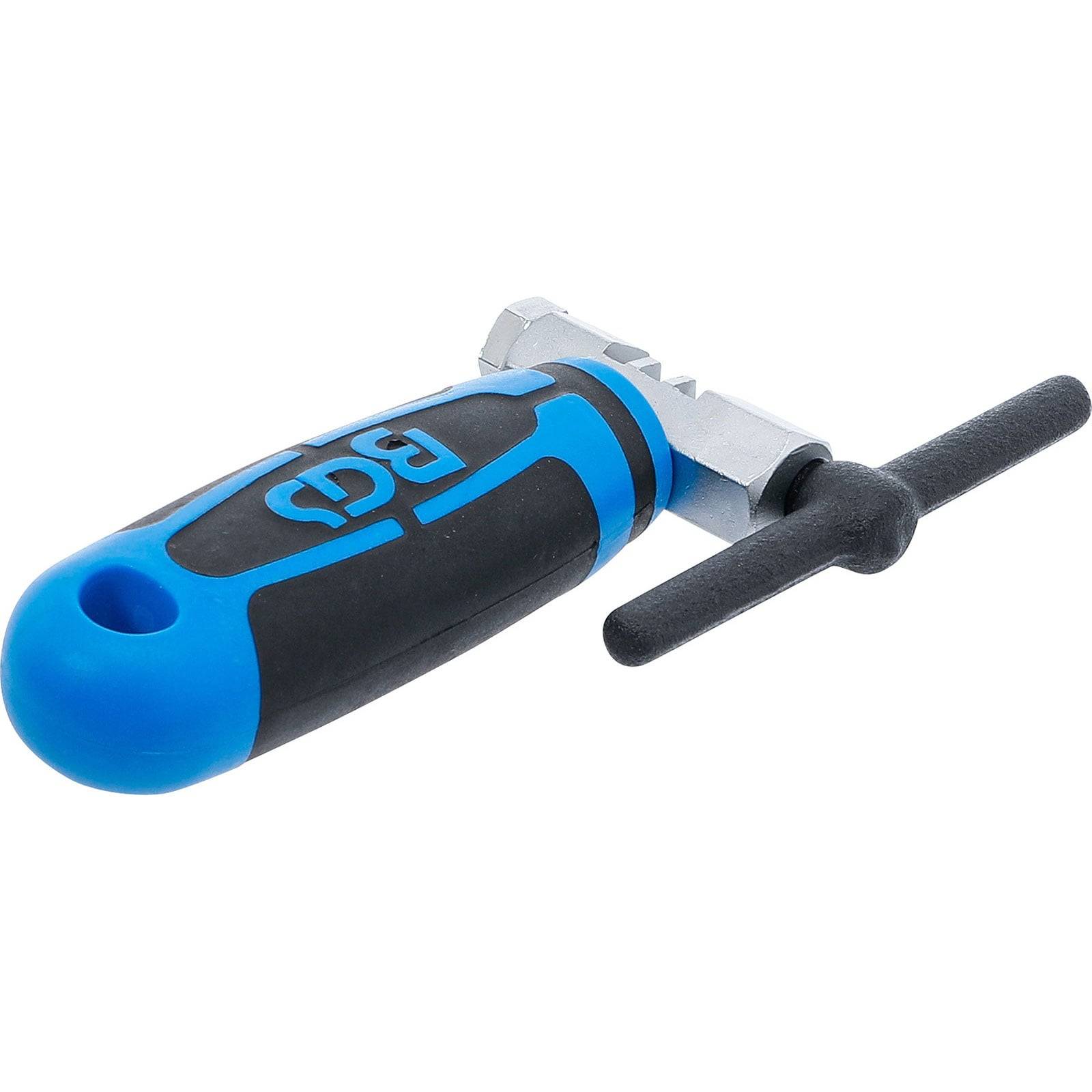 Ein blau-schwarzer Kettennieter mit einem Gummigriff und einem Metallgehäuse, der zum Justieren oder Reparieren von Fahrradketten entwickelt wurde.