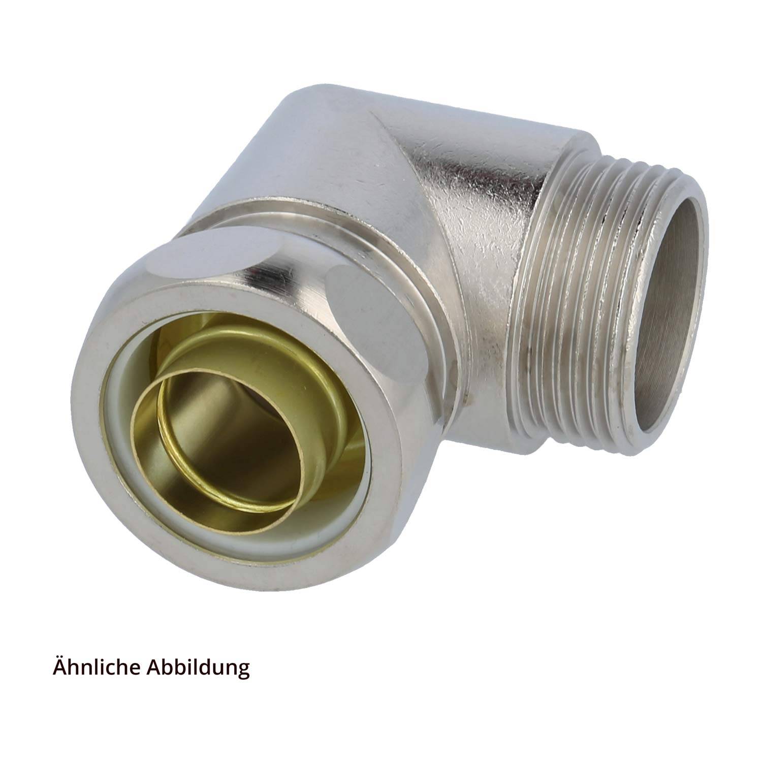 Ein Metallrohrbögen mit Gewinde- und glatten Enden zum Verbinden von Rohrleitungen, dargestellt vor einem einfarbigen Hintergrund.