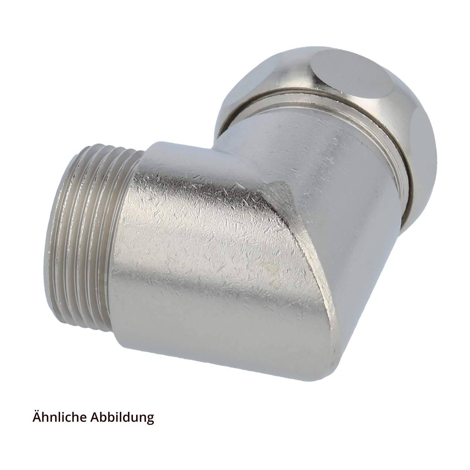 Eine metallische, L-förmige Rohrverschraubung mit Gewindeenden, die zum Verbinden von Rohren in einem rechten Winkel verwendet wird. Hintergrund ist schlicht weiß.