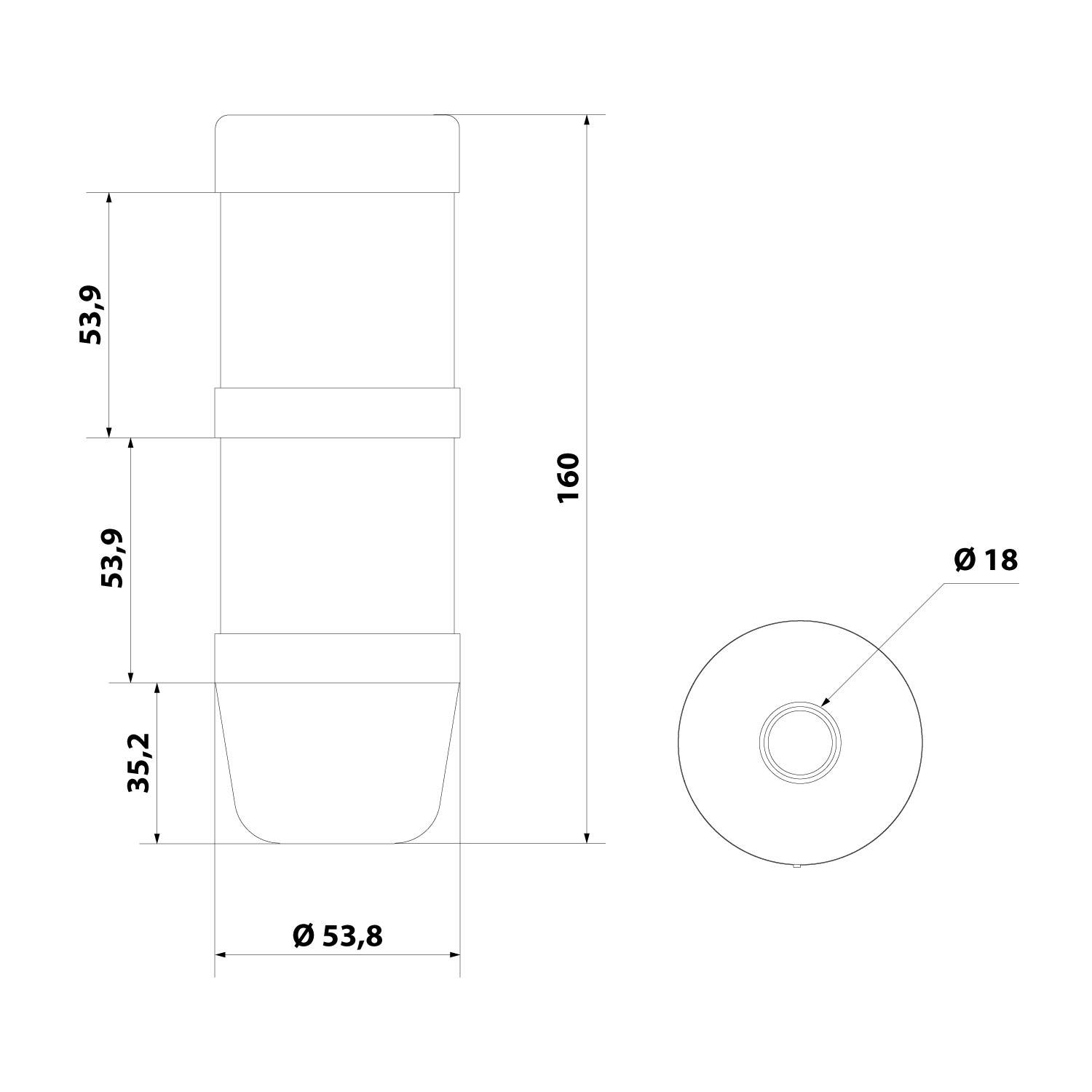 Technische Zeichnung eines zylindrischen Objekts mit Abmessungen: Höhe 160 mm, Durchmesser 53,8 mm. Ein kleinerer Kreis mit einem Durchmesser von 18 mm ist vermerkt.
