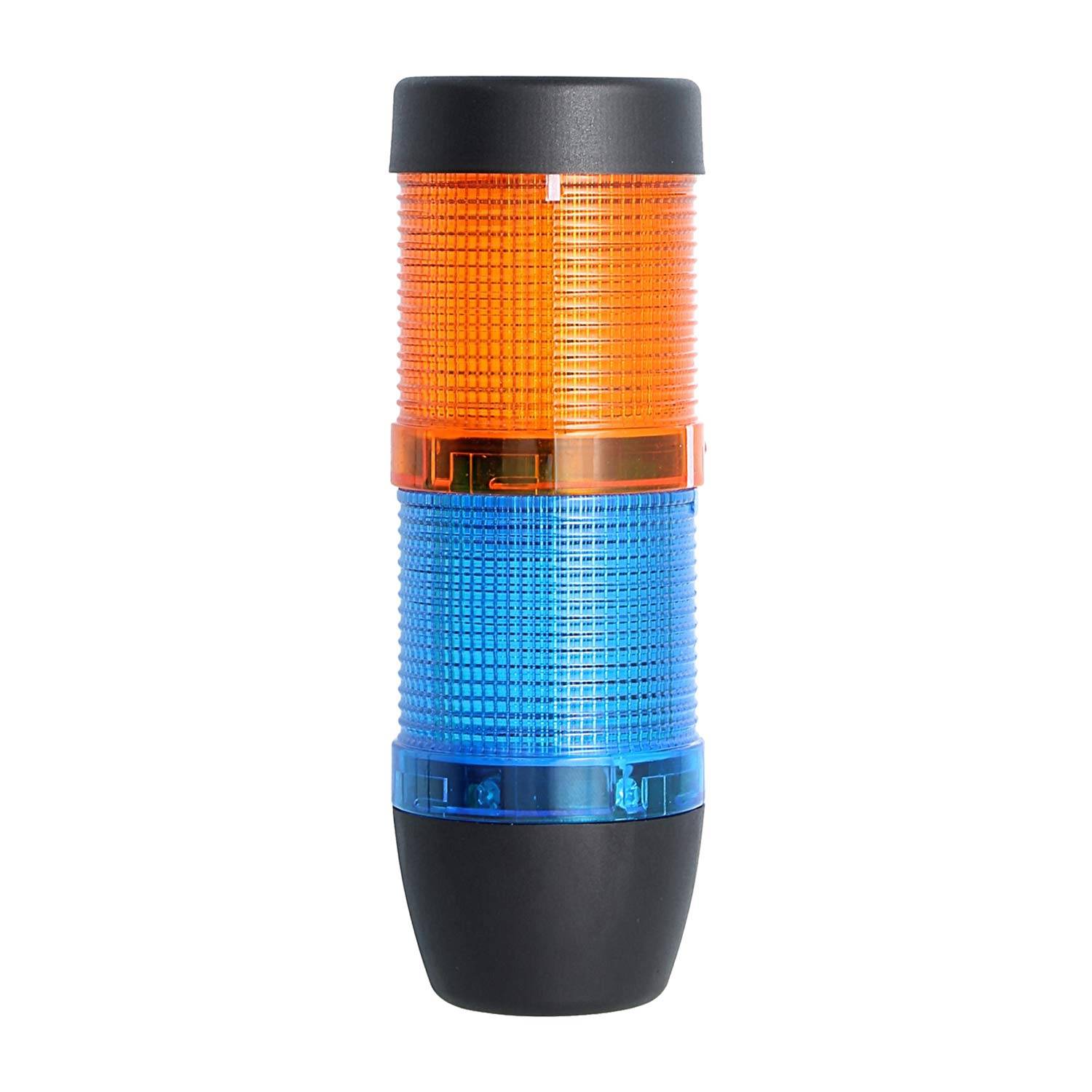 Signalturm mit Stacklight in Orange und Blau zur Anzeige des Maschinenstatus, oben und unten in Schwarz, vor weißem Hintergrund isoliert.