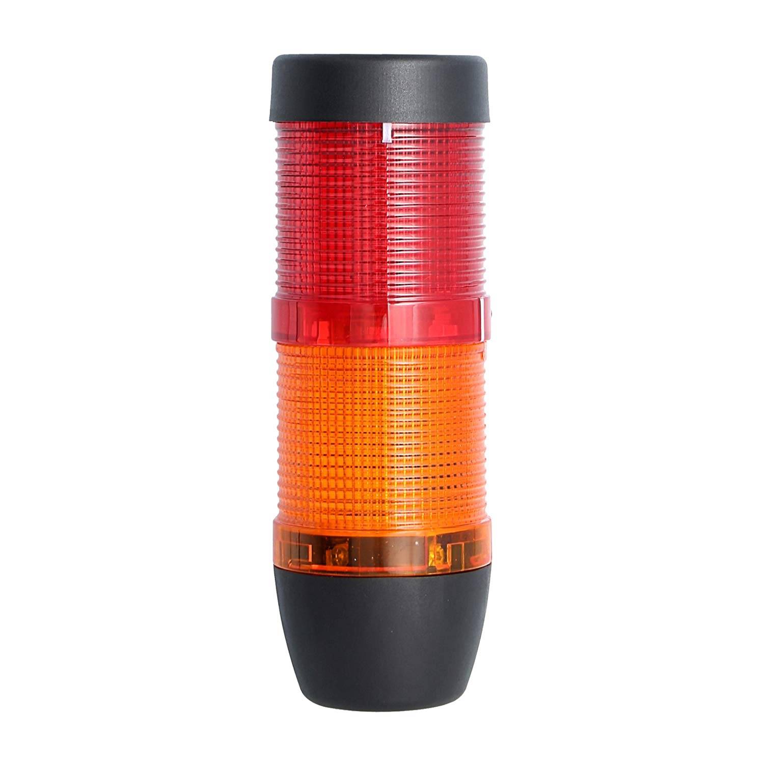 Eine rote und orangene industrielle Signalturm-Leuchte mit schwarzer Basis und Spitze, die zur visuellen Warnung oder als Statusanzeiger verwendet wird.