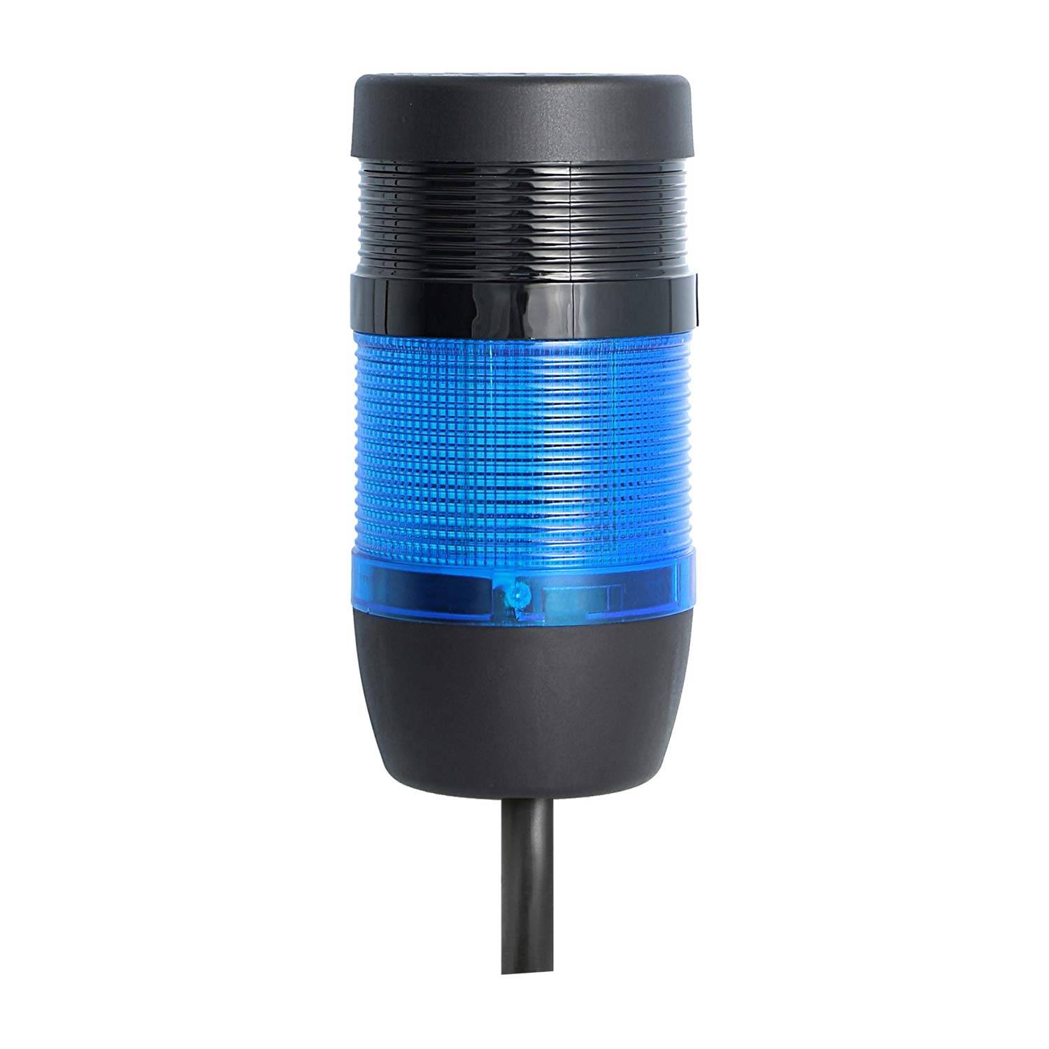 Eine blaue LED-Signalleuchte mit schwarzer Basis und zylindrischer Form, die für industrielle oder Sicherheitsanwendungen verwendet wird und an einem Kabel montiert ist.
