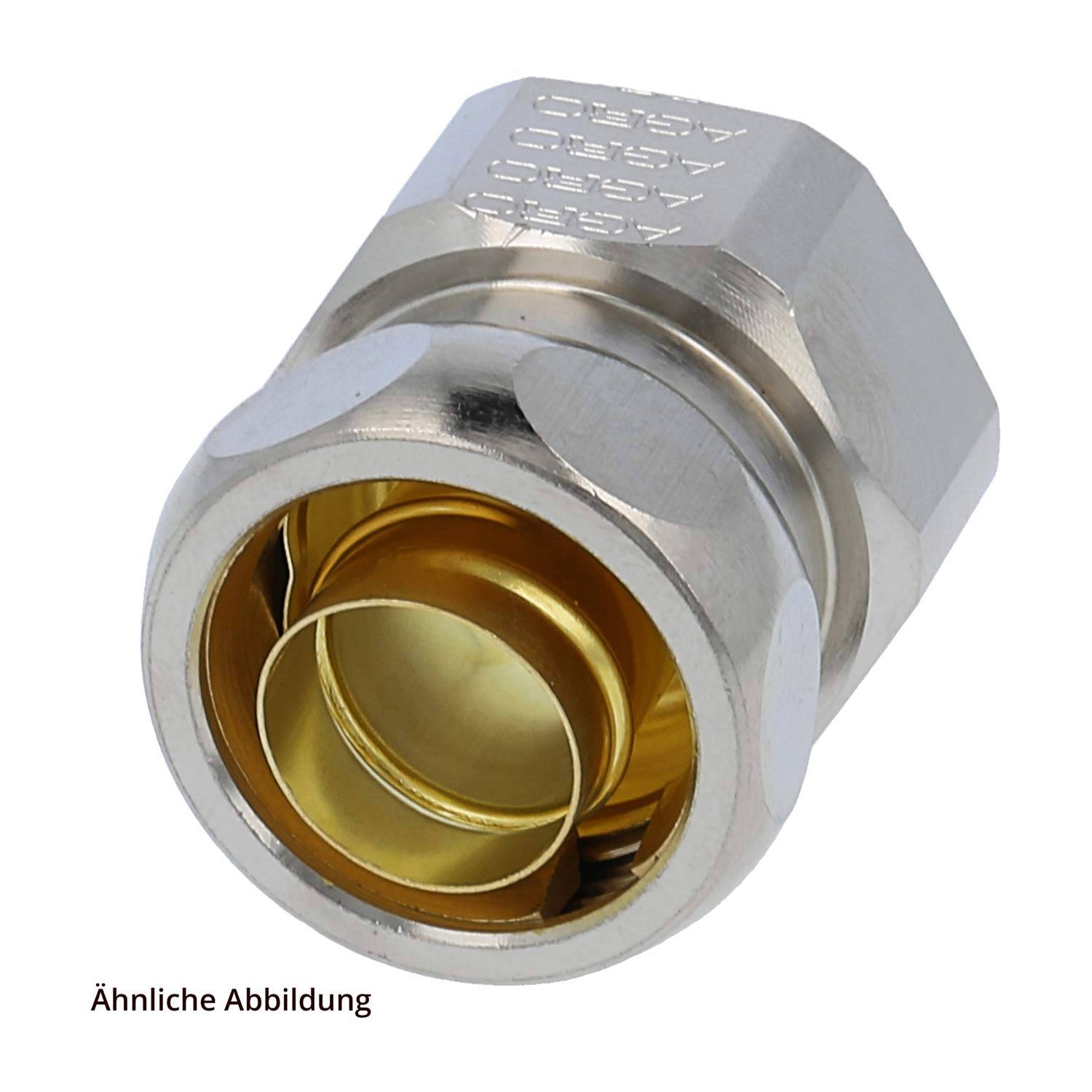 Ein metallischer Koaxialkabel-Stecker mit inneren goldfarben Ringen und einer äußeren sechseckigen Mutter zum Festziehen. Der Text lautet 'Ähnliche Abbildung'.
