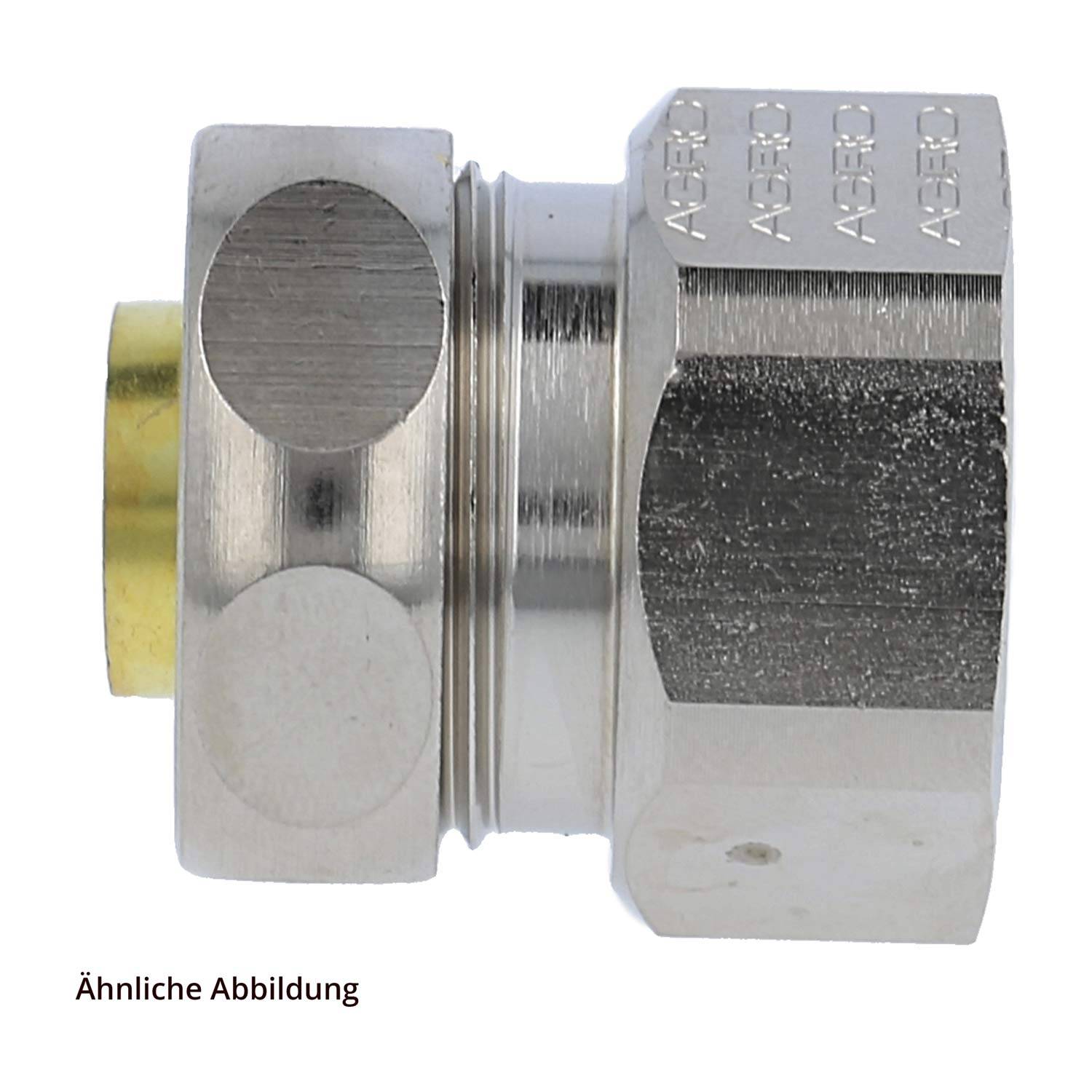 Eine Metallkupplung mit einer sechseckigen Mutter auf einer Seite und einem kreisförmigen Anschluss auf der anderen Seite. Der Text lautet 'Ähnliche Abbildung'.