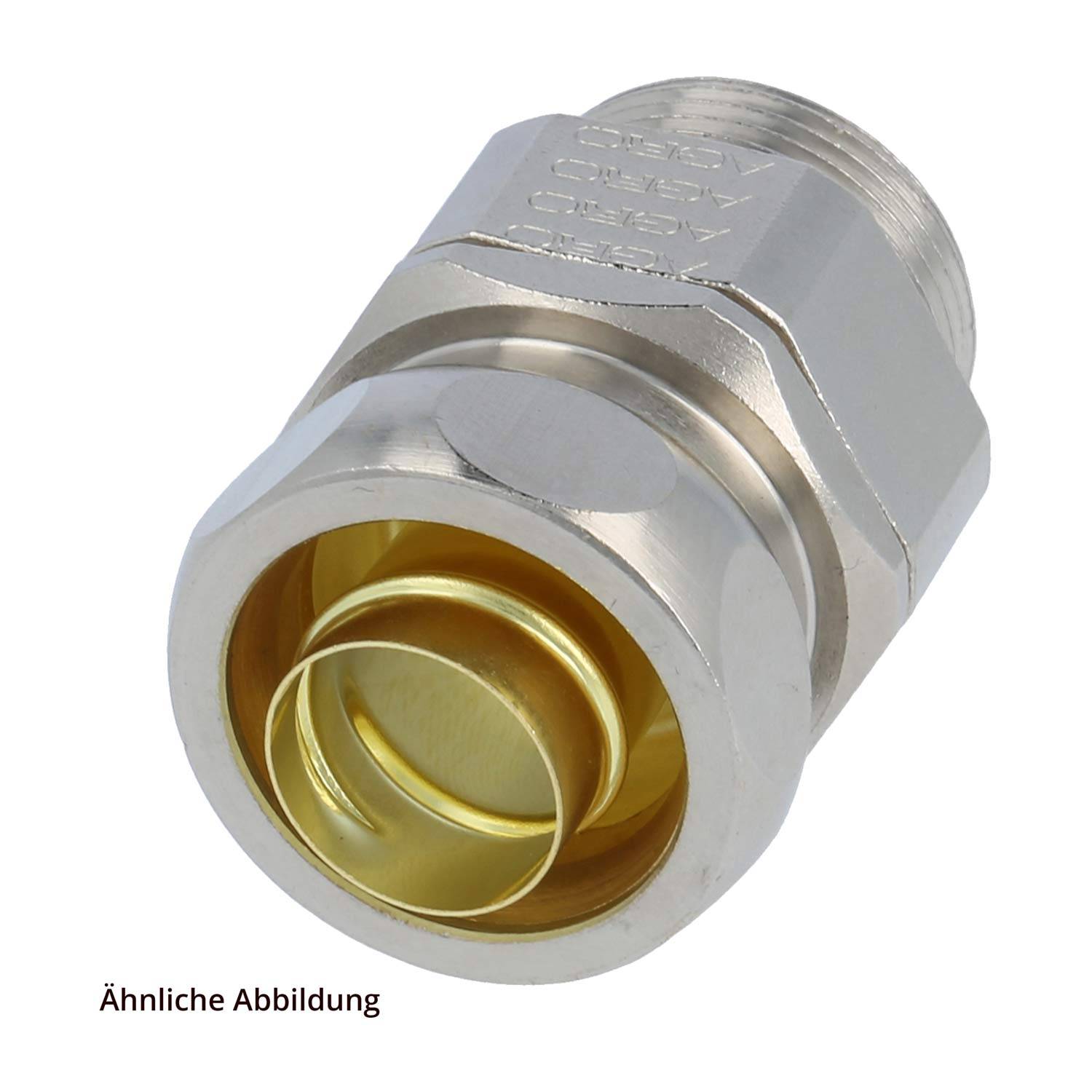 Ein Metallkoaxialkabelstecker mit Schraubverbindung und inneren vergoldeten Kontaktringen, verwendet für elektrische Verbindungen. Text: Ähnliche Abbildung.