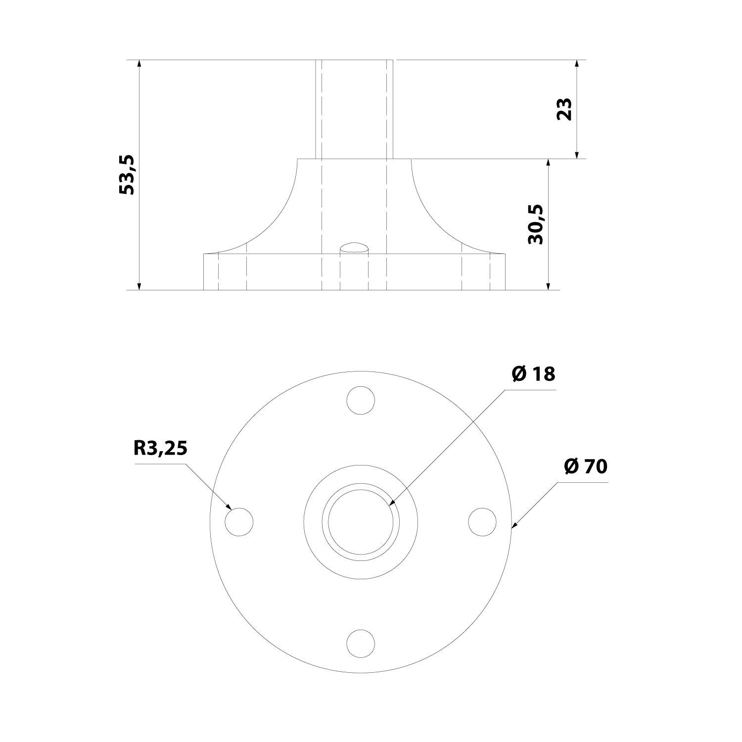 Eine technische Zeichnung zeigt eine mechanische Komponente mit Draufsicht und Seitenansicht. Die Draufsicht zeigt einen Mittelpunktkreis, vier Löcher und den Radius R3,25.