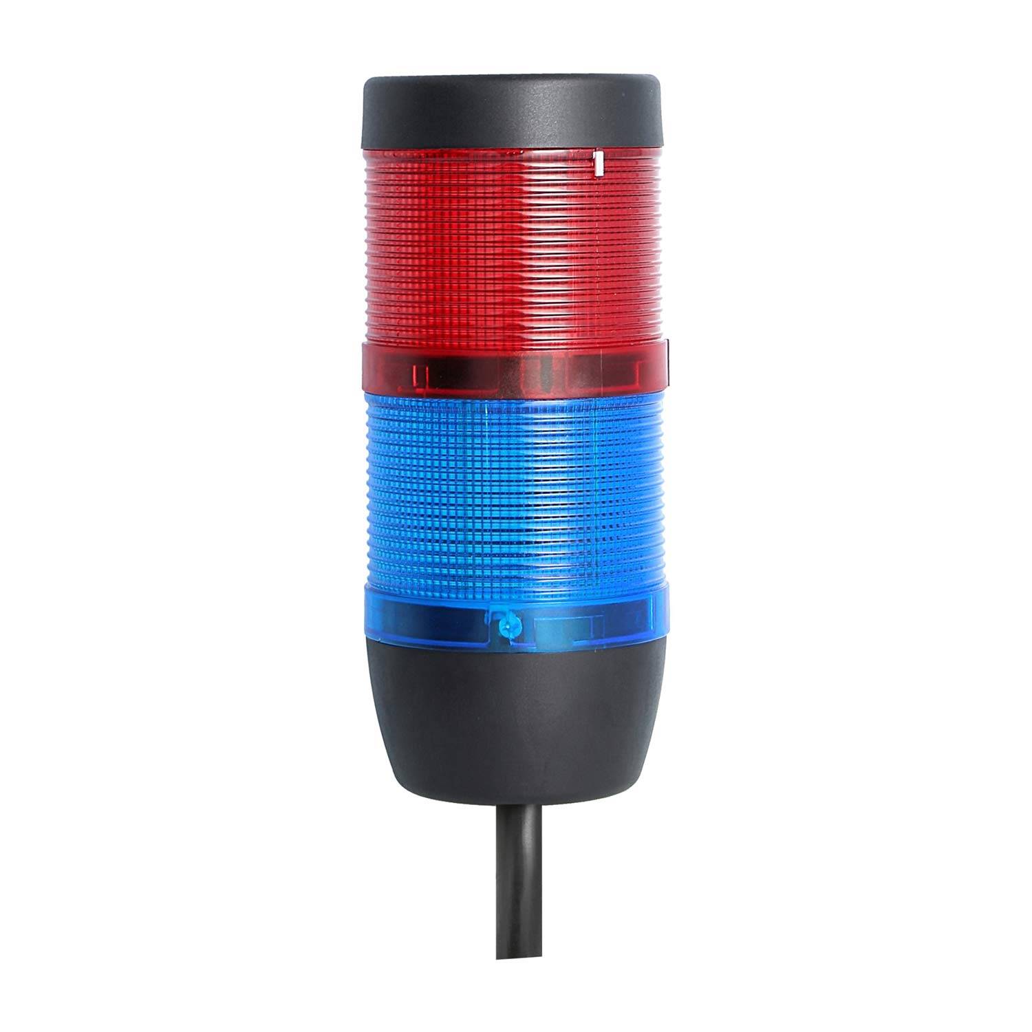 Ein vertikal gestapeltes Signal-Turmlämpchen in Rot und Blau, höchstwahrscheinlich für industrielle Warnungen oder Statusanzeigen, auf einer schwarzen Basis mit einem Kabel.