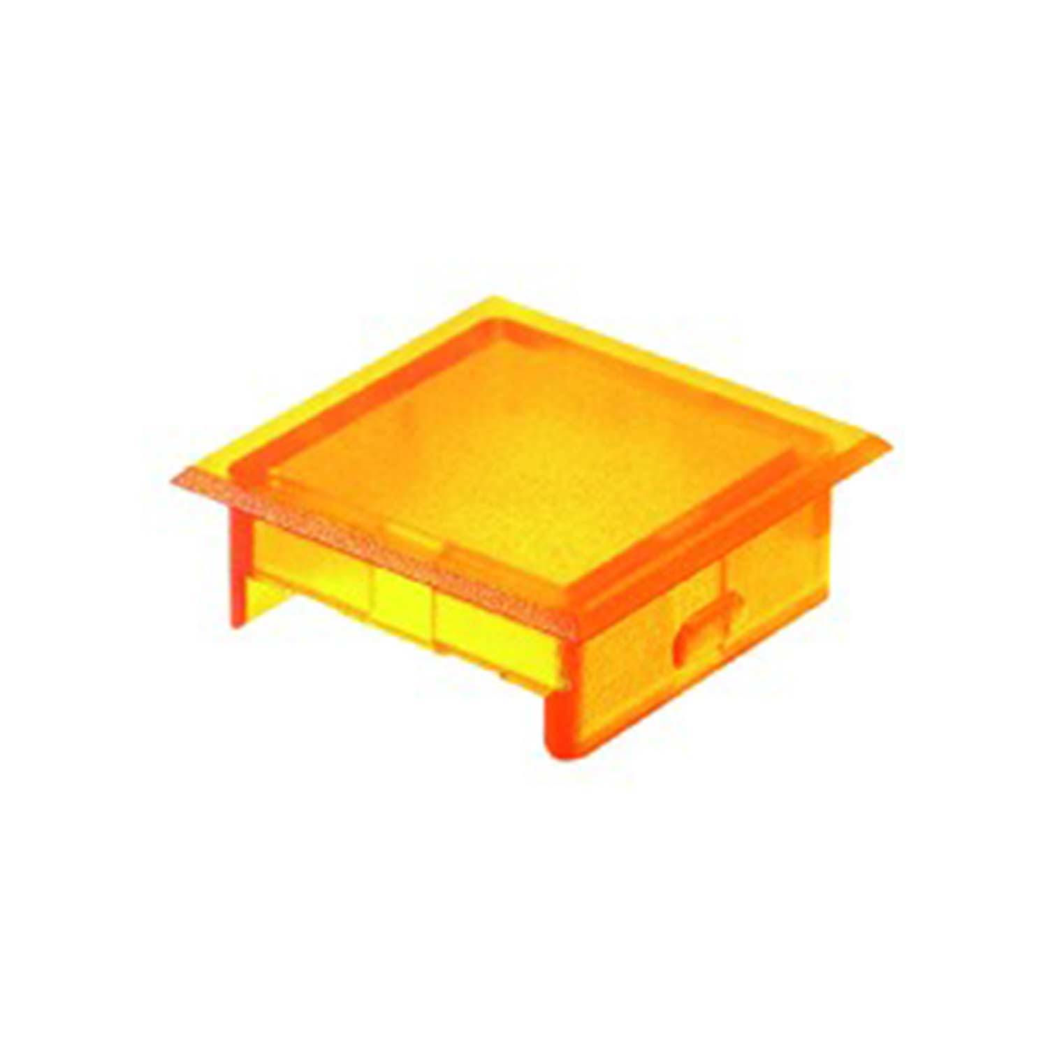Orangefarbene durchscheinende Kappe für einen Tastschalter, in einer Seitenansicht gezeigt, mit einer rechteckigen Form und einem dünnen Randdesign.