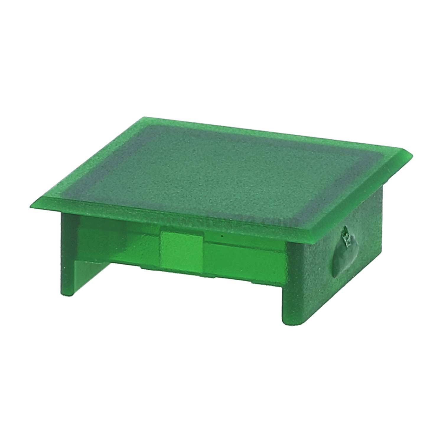 Eine grüne Plastikabdeckung in Quadratform mit einer kleinen Lasche, die dazu dient, elektrische oder mechanische Komponenten abzudecken und zu schützen.