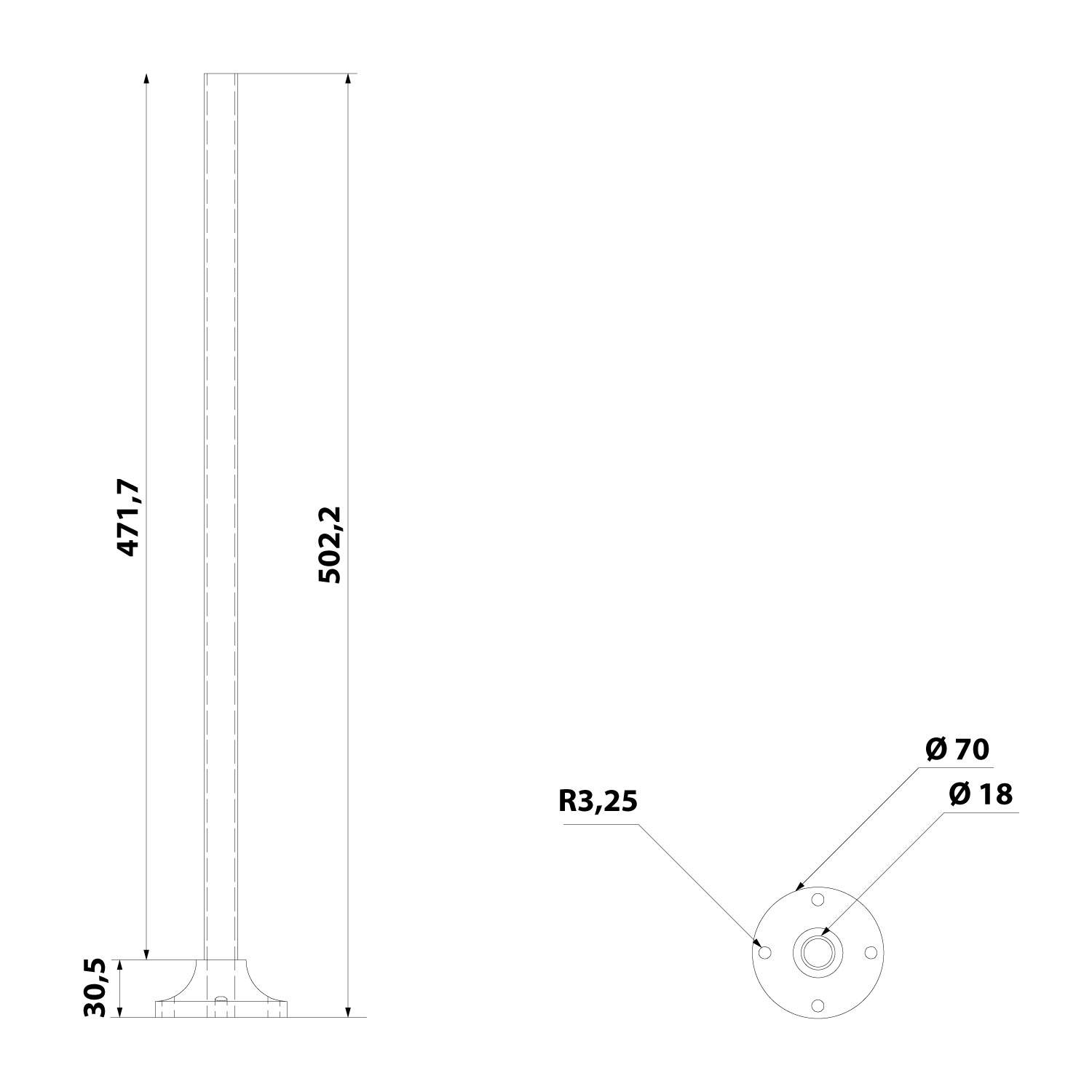 Technische Zeichnung eines zylindrischen Objekts mit einer Höhe von 502,2 Einheiten und einem Basisdurchmesser von 70 Einheiten, mit zwei markierten Dimensionen: 471,7 und 30,5 Einheiten.