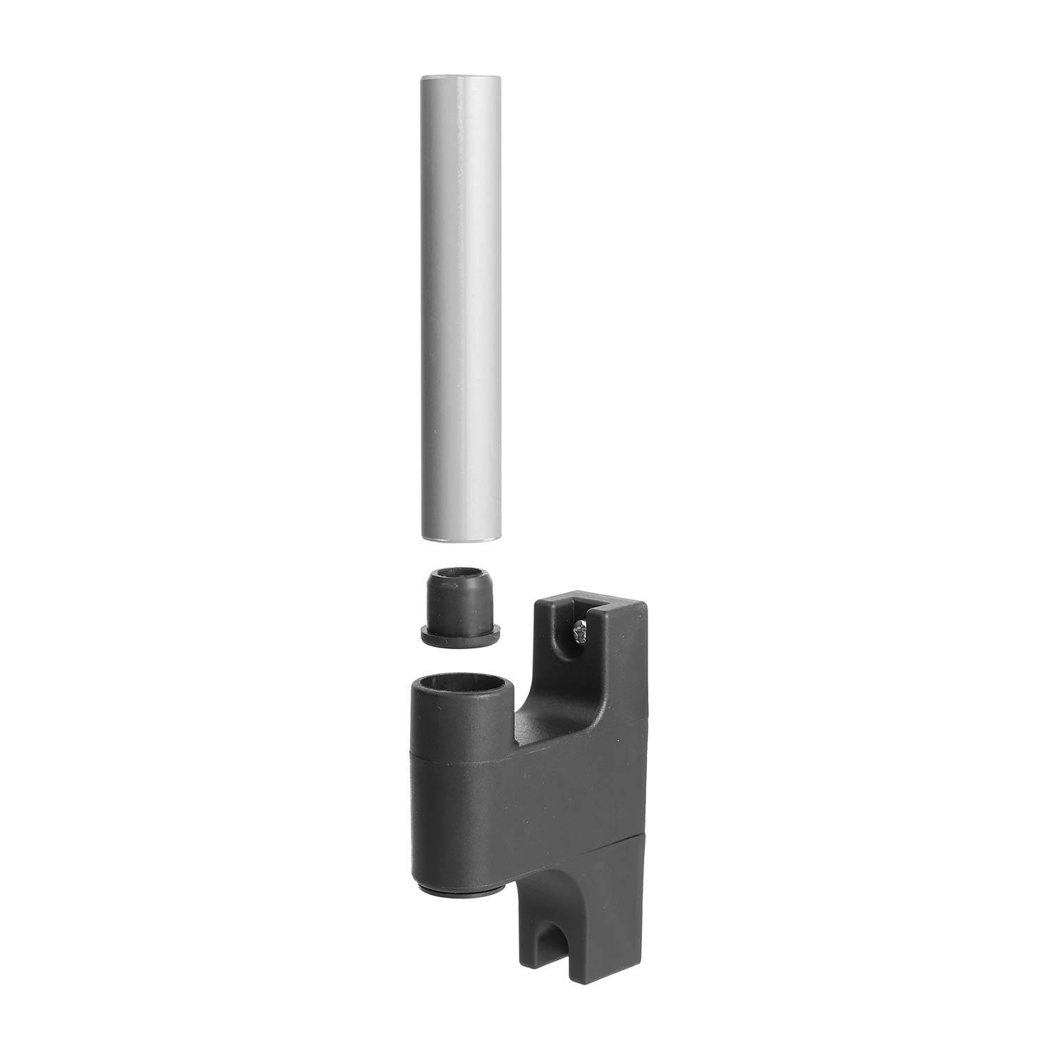 Ein modulares Verbindungssystem mit einem zylindrischen Metallrohr, einer Kunststoffkappe und einer schwarzen Basis mit Befestigungspunkten zum Zusammenbau von Strukturen.
