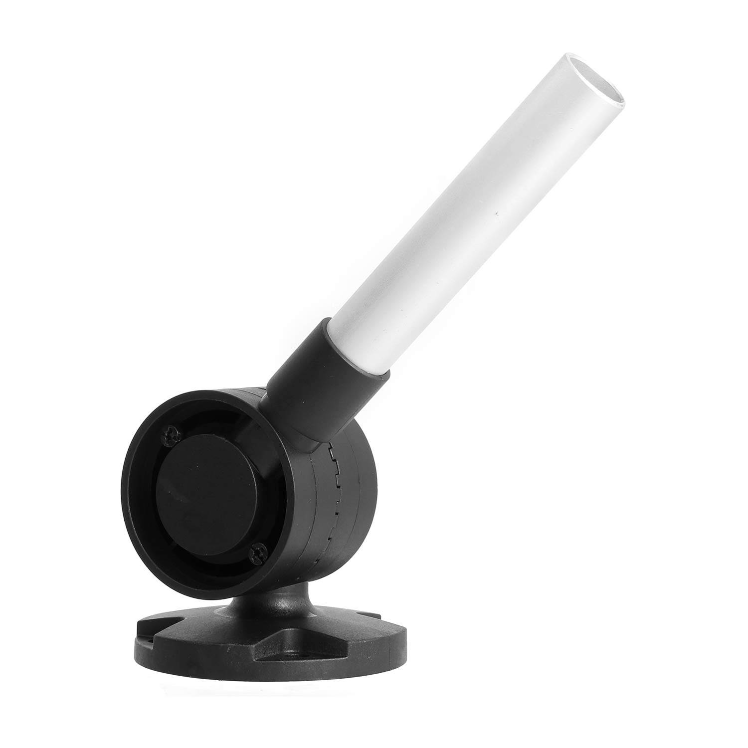 Eine schwarze LED-Suchscheinwerfer mit einer zylindrischen weißen Lampe, montiert auf einer runden Basis.