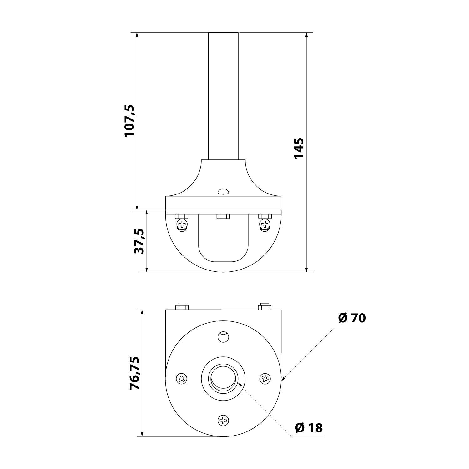 Technische Zeichnung zeigt Abmessungen einer Deckenhalterung. Draufsicht zeigt eine kreisförmige Basis mit Ø70 mm, Seitenansicht hat eine Höhe von 145 mm.