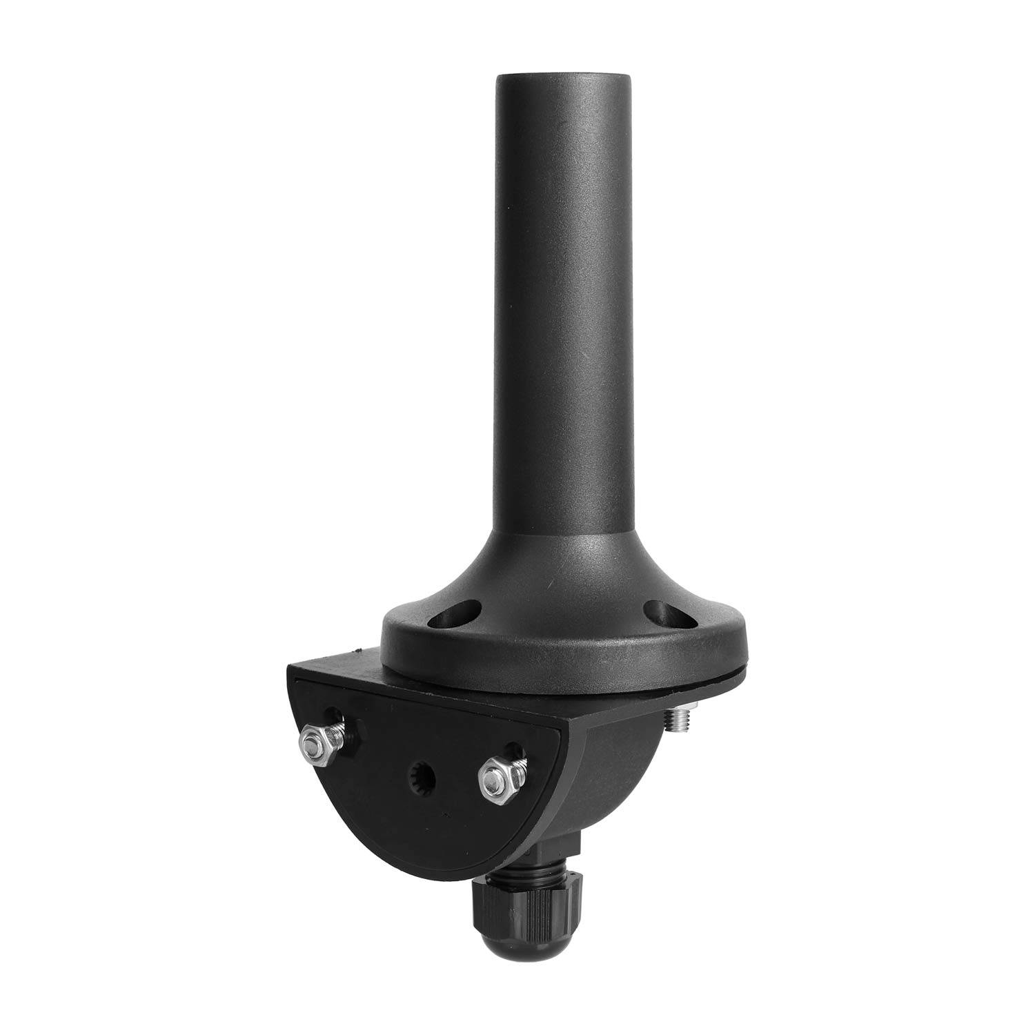 Ein schwarzer Halterungshalter, der für eine sichere Befestigung entwickelt wurde, mit einem zylindrischen Schaft und verstellbaren Komponenten für vielseitige Installationsmöglichkeiten.