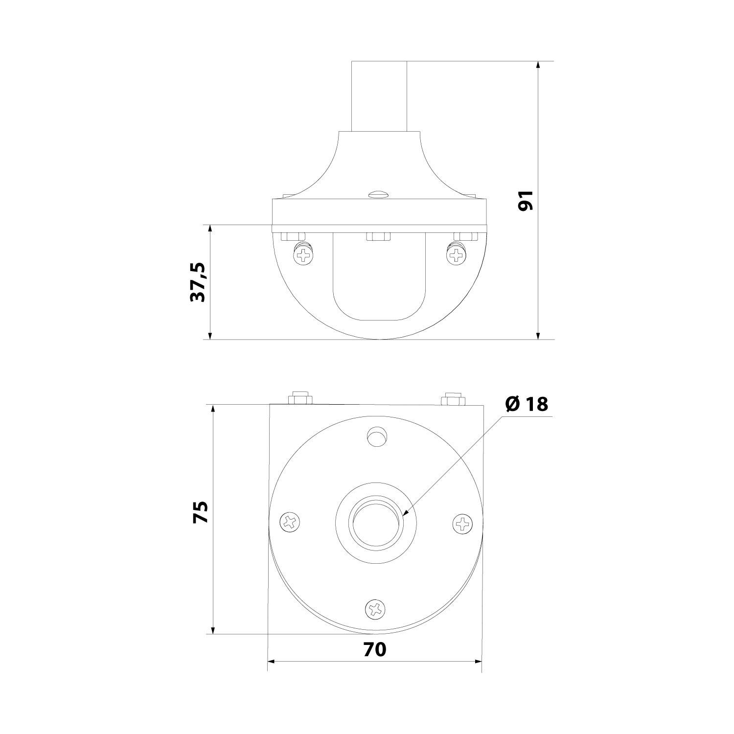 Technische Zeichnung eines zylindrischen Objekts mit Maßangaben: Draufsicht 70 mm Durchmesser mit einem 18 mm großen Zentralloch, Seitenansicht Höhe 91 mm.