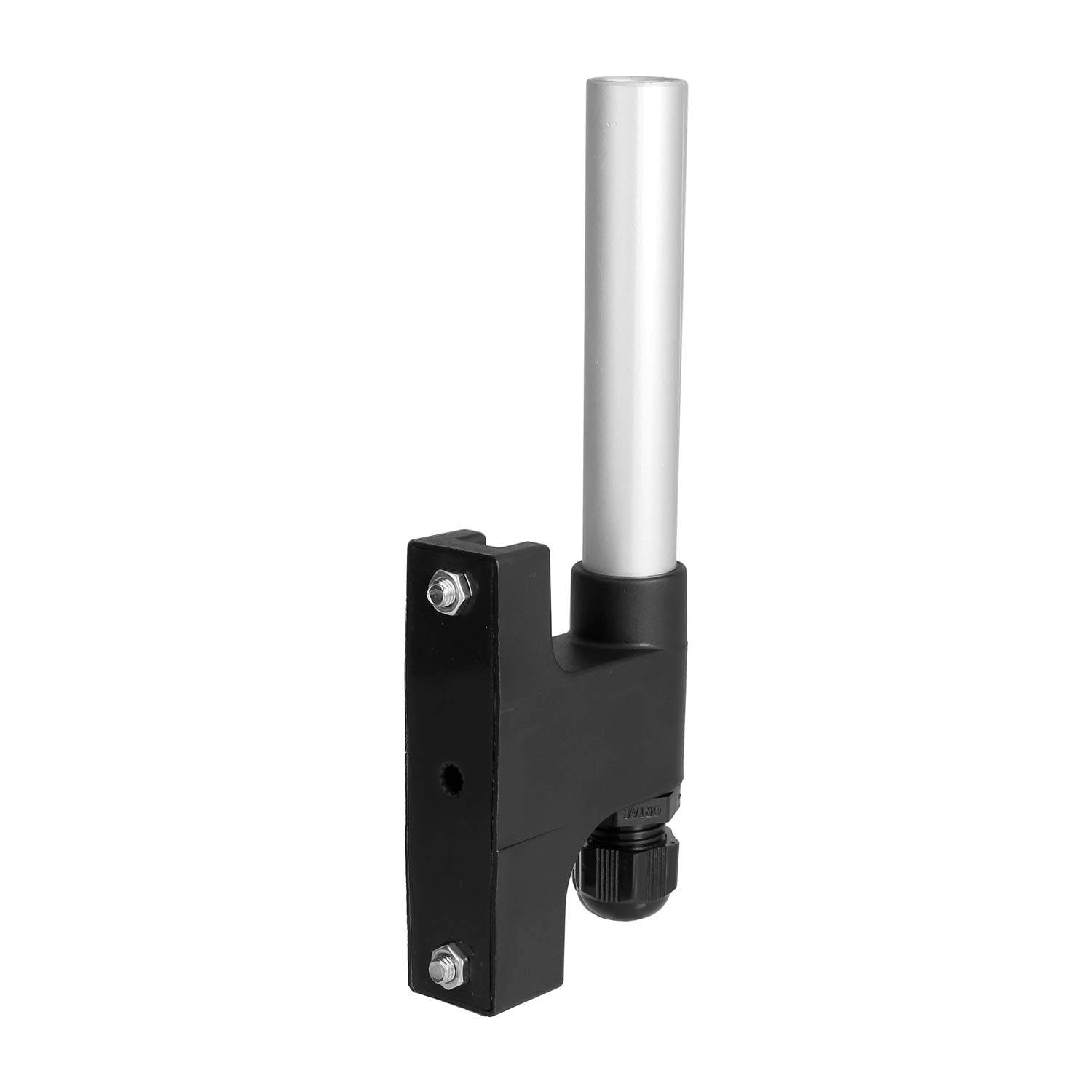Eine schwarze und silberne verstellbare Halterung, wahrscheinlich für Outdoor-Ausrüstung oder Antennen, mit einem stabilen Halterungsbügel und einer Feststellschraube konstruiert.