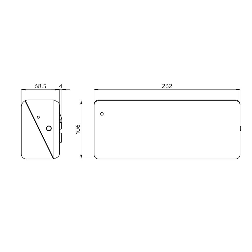 Rechteckige Geräteabmessungen: 262 mm (Länge) x 106 mm (Höhe) x 68,5 mm (Breite), mit einer sichtbaren Taste oder Funktion.