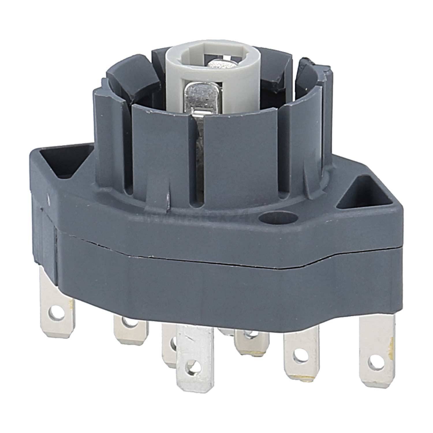 Eine graue Drehschalter-Buchse mit mehreren Metallstiften, die für die elektrische Verbindung in elektronischen Geräten oder Schaltkreisen entwickelt wurde.