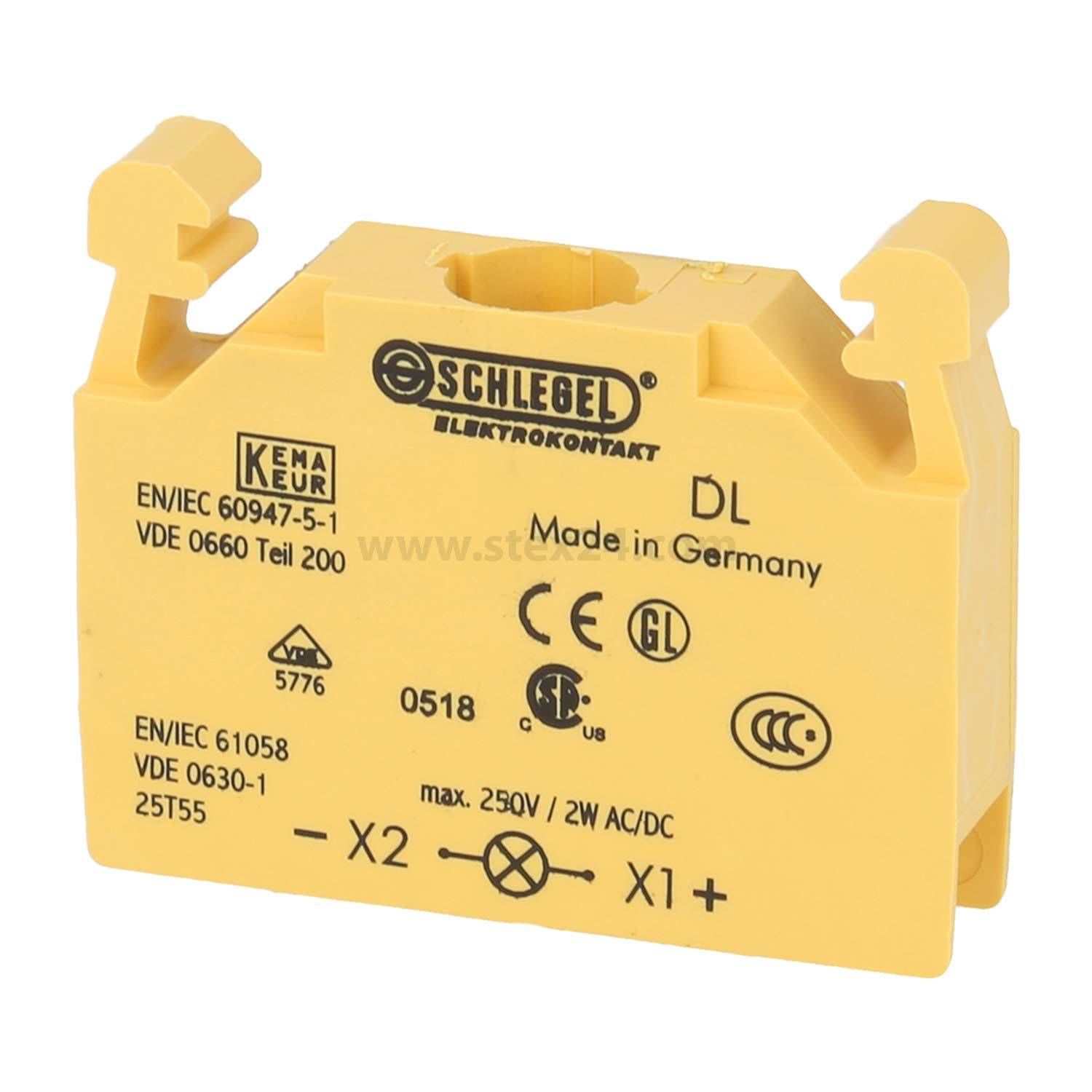 Gelber Schlegel Elektrokontaktor-Bauteil mit der Bezeichnung 'DL', 'Made in Germany'. Er verfügt über verschiedene Zertifizierungssymbole und technische Spezifikationen.