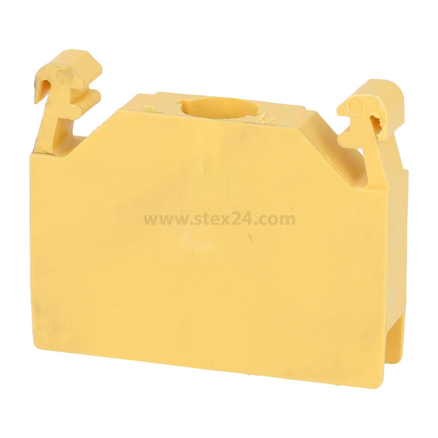 Eine gelbe Kunststoffkomponente mit zwei Clips an den oberen Ecken, höchstwahrscheinlich zum Sichern oder Verbinden von Gegenständen verwendet.