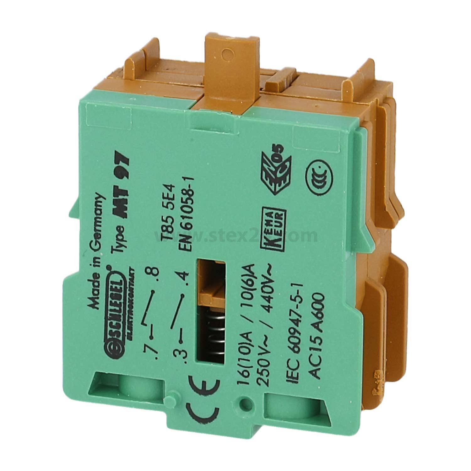 Grüne und orange elektrische Komponente, gekennzeichnet mit Semikron Typ MT 97, 7-3-4, 16A 250V 440V, mit Zertifizierungen und Seriennummern.