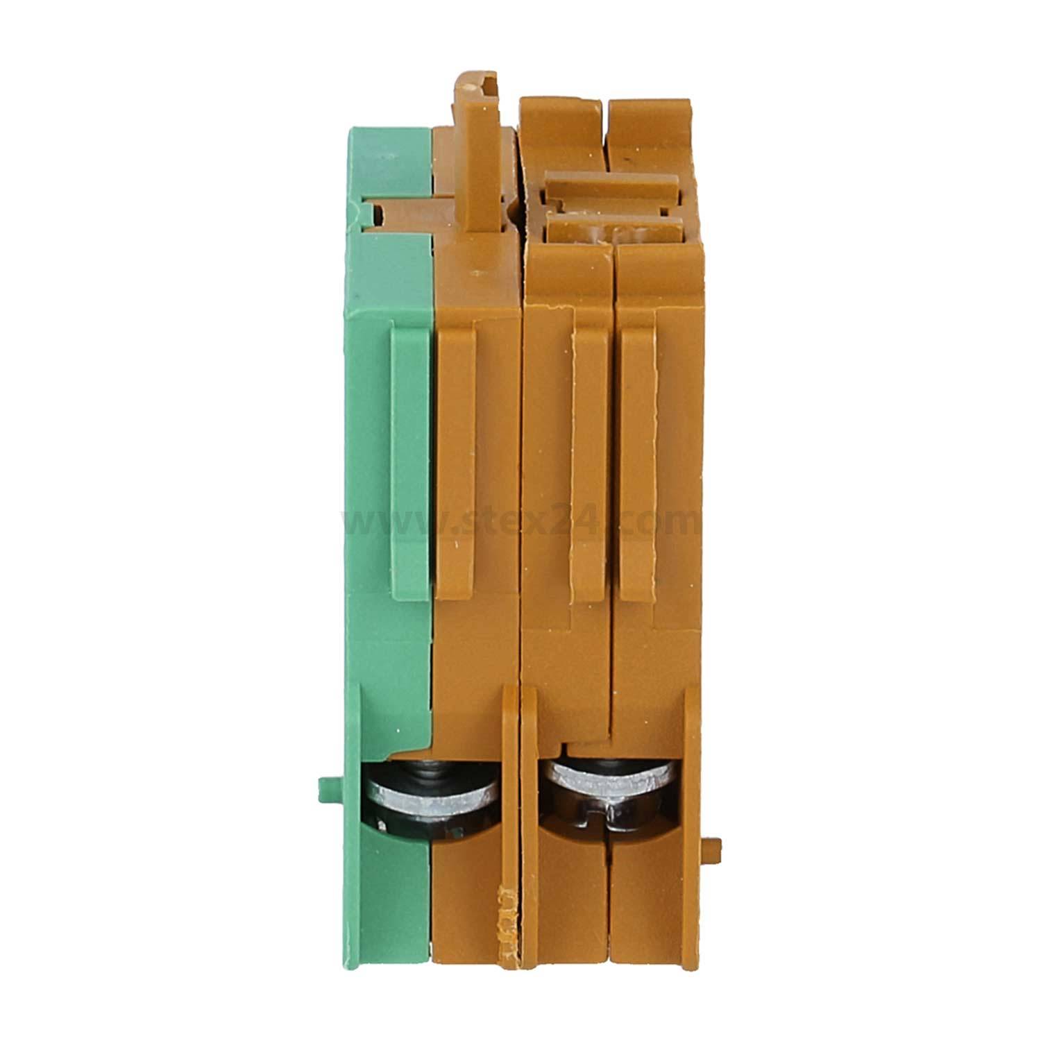 Zwei rechteckige elektrische Anschlussklemmen, eine grün und eine braun, von der Seite betrachtet, mit Anschlussports und Schrauben.