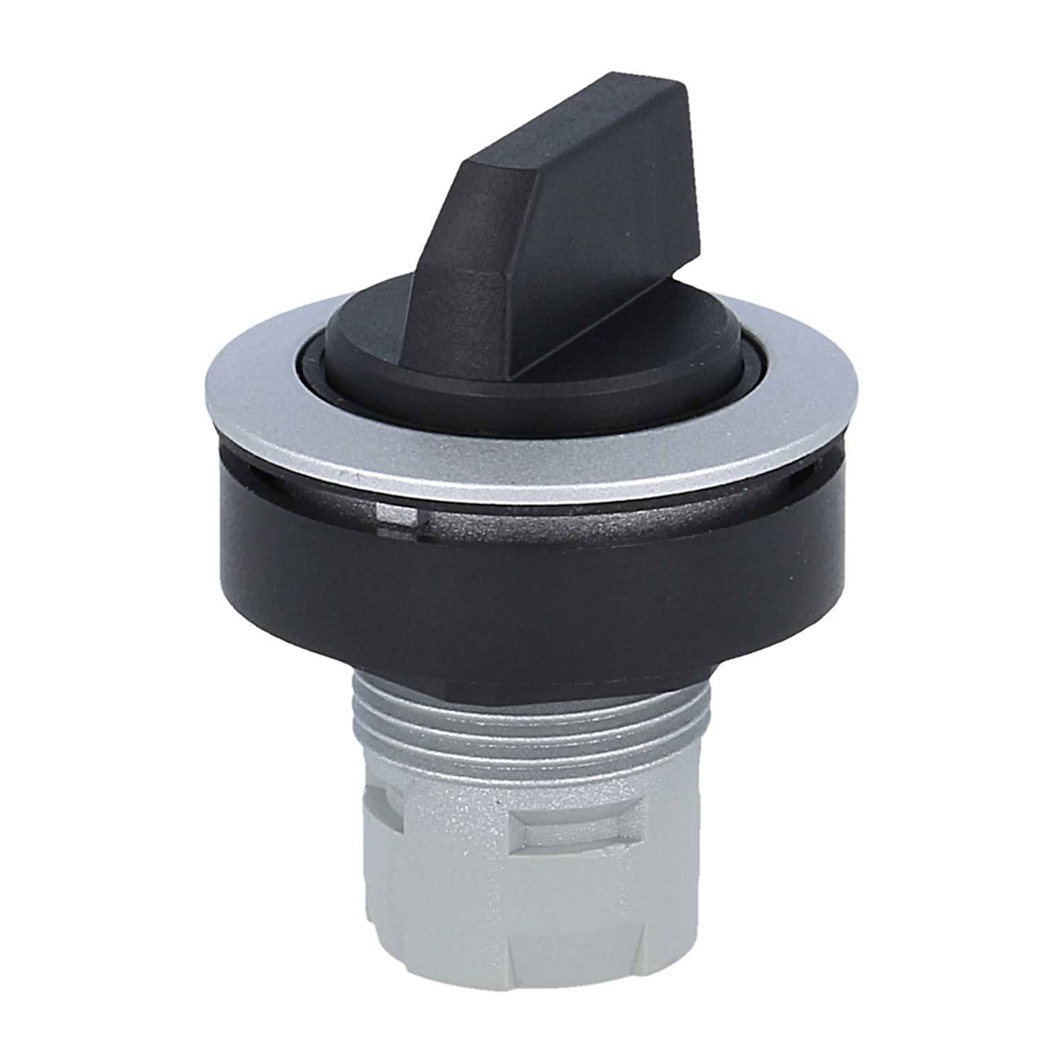 Ein schwarzer Joystick-Schalter mit einer silbernen Kreisbasis und einem grauen Gewindehalter, verwendet zur Steuerung von Maschinen oder elektronischen Geräten.