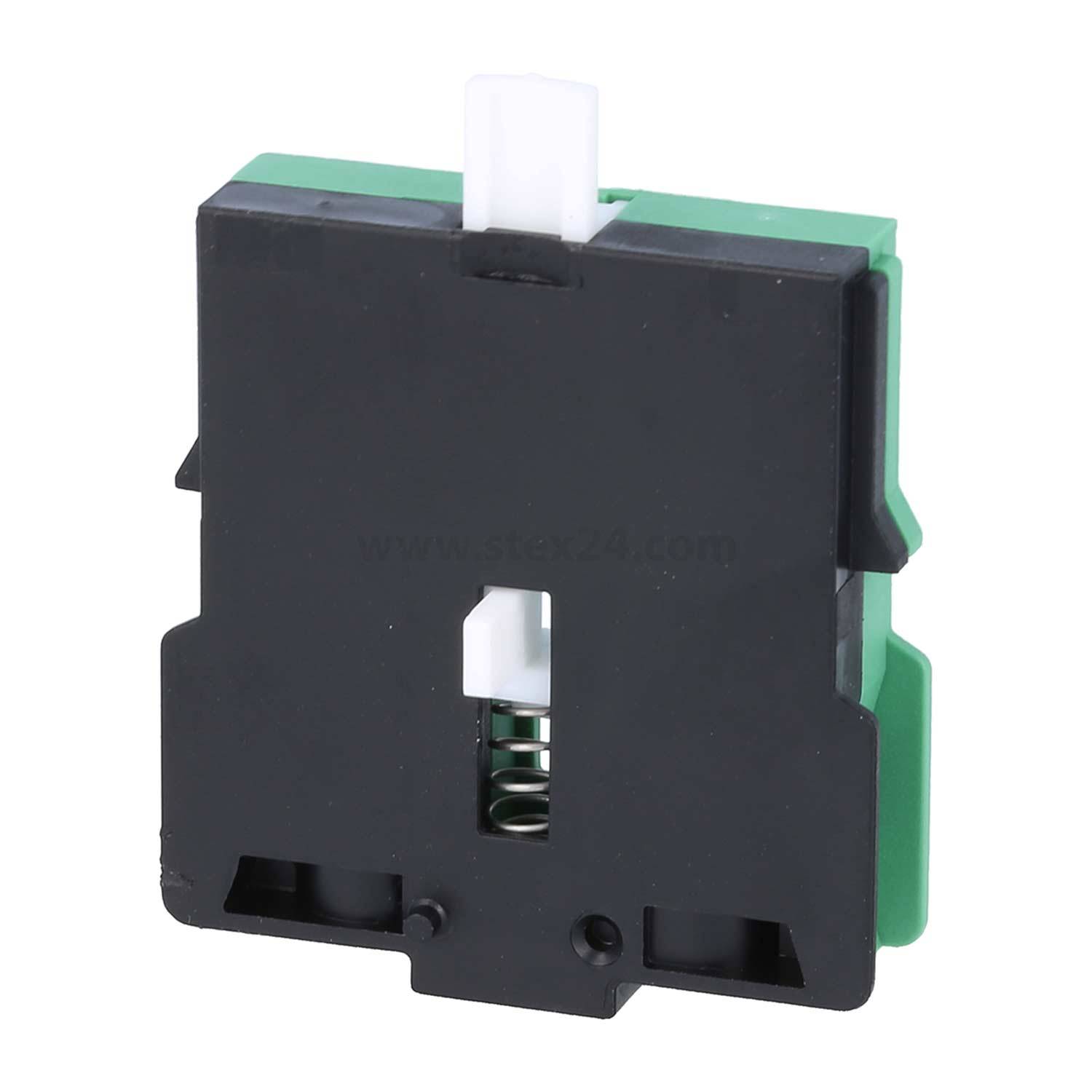 Eine schwarze und grüne rechteckige elektrische Komponente mit einem weißen Betätiger an der Oberseite, höchstwahrscheinlich ein Schaltmechanismus, der in elektronischen Geräten verwendet wird.